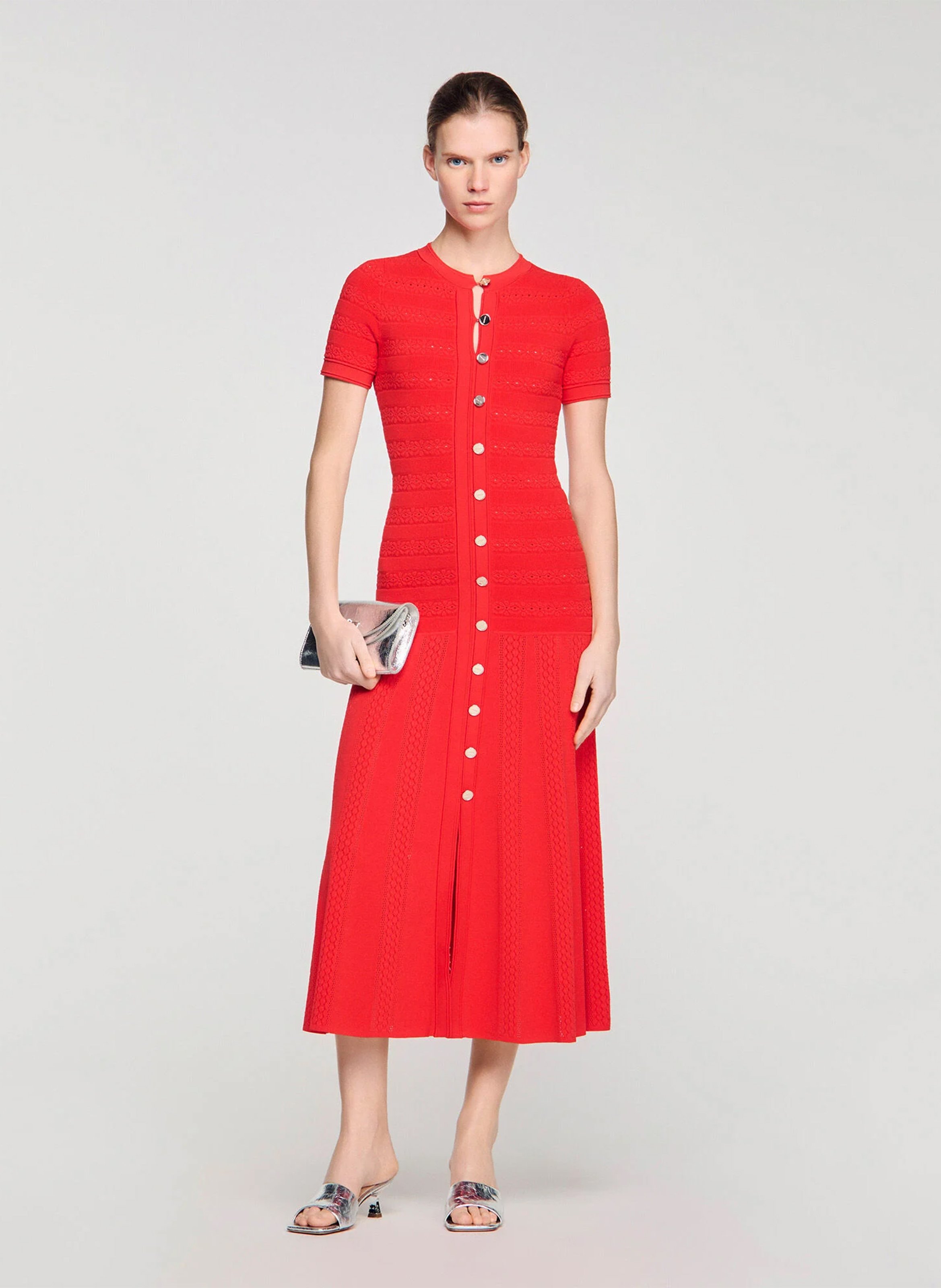 Robe longue col rond en maille SANDRO Rouge