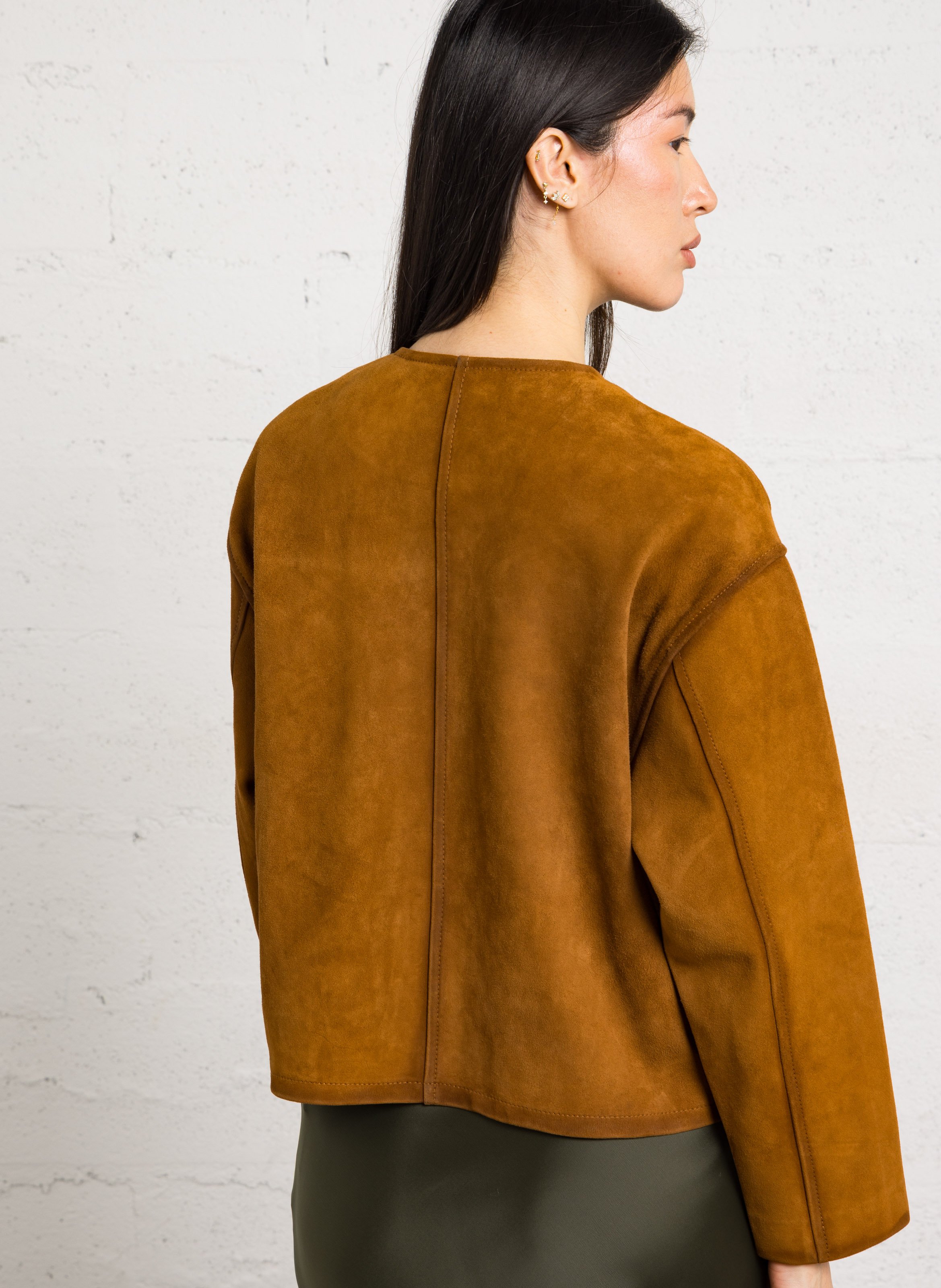 Straight round-neck suede leather jacket MAISON 123 Beige