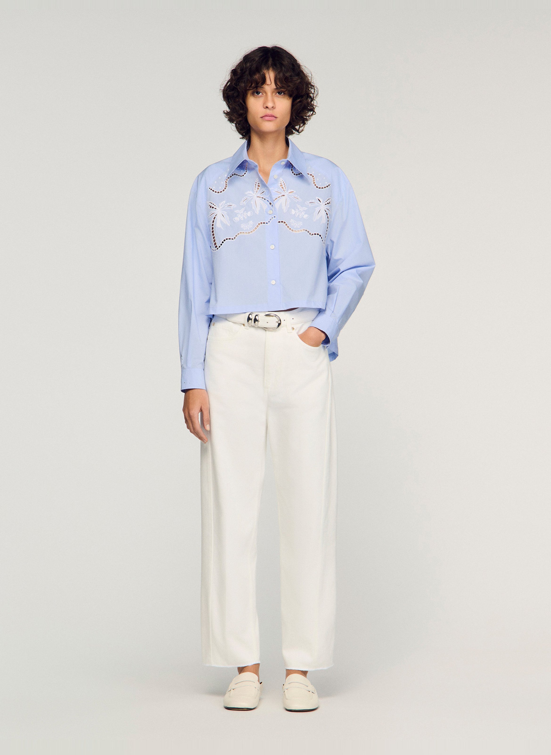 Korte blouse met knoopsluiting en borduurwerk SANDRO Blauw