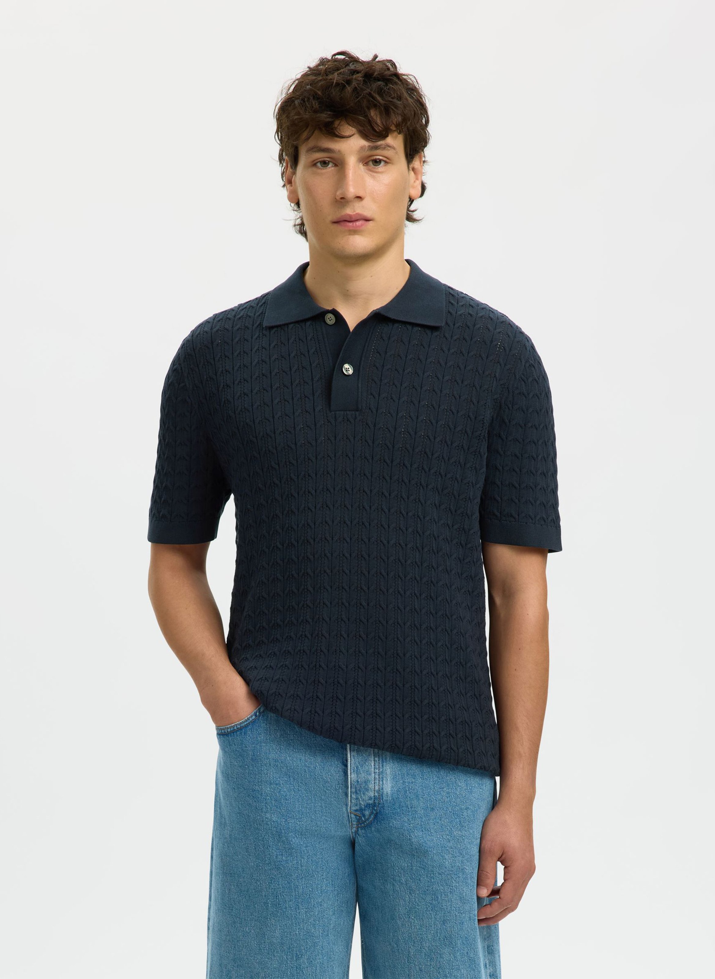 Polo en maille en coton bio SELECTED Bleu