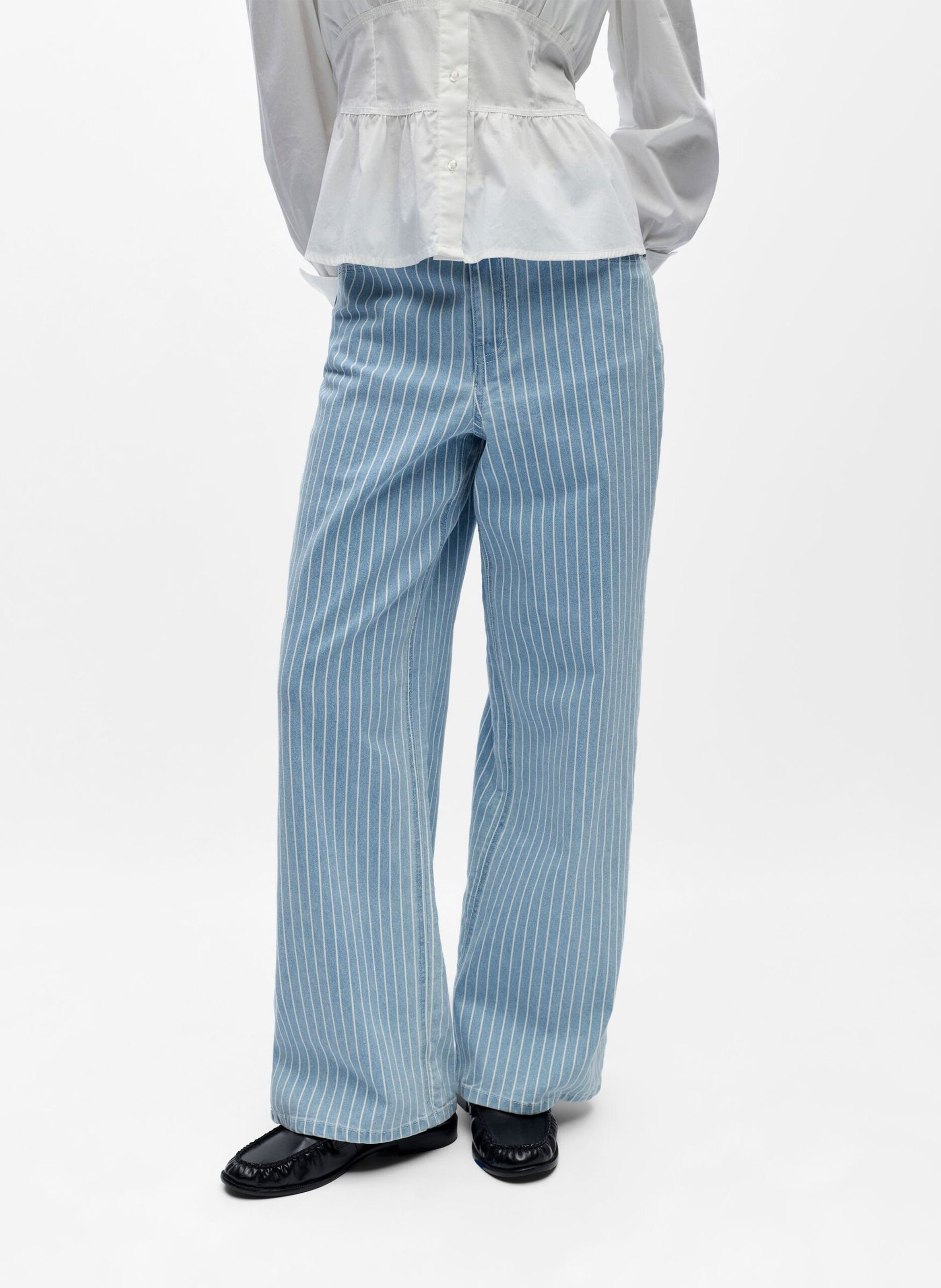 Wide leg striped cotton blend jeans OBJECT Blue