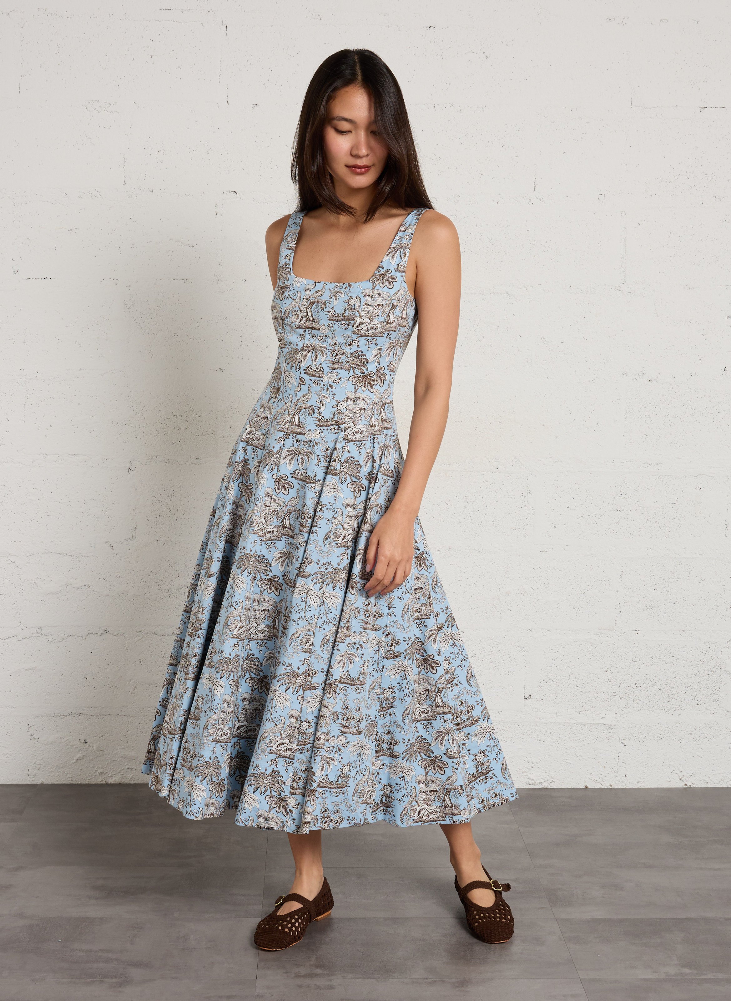 Flared midi dress in blended cotton STAUD Blue
