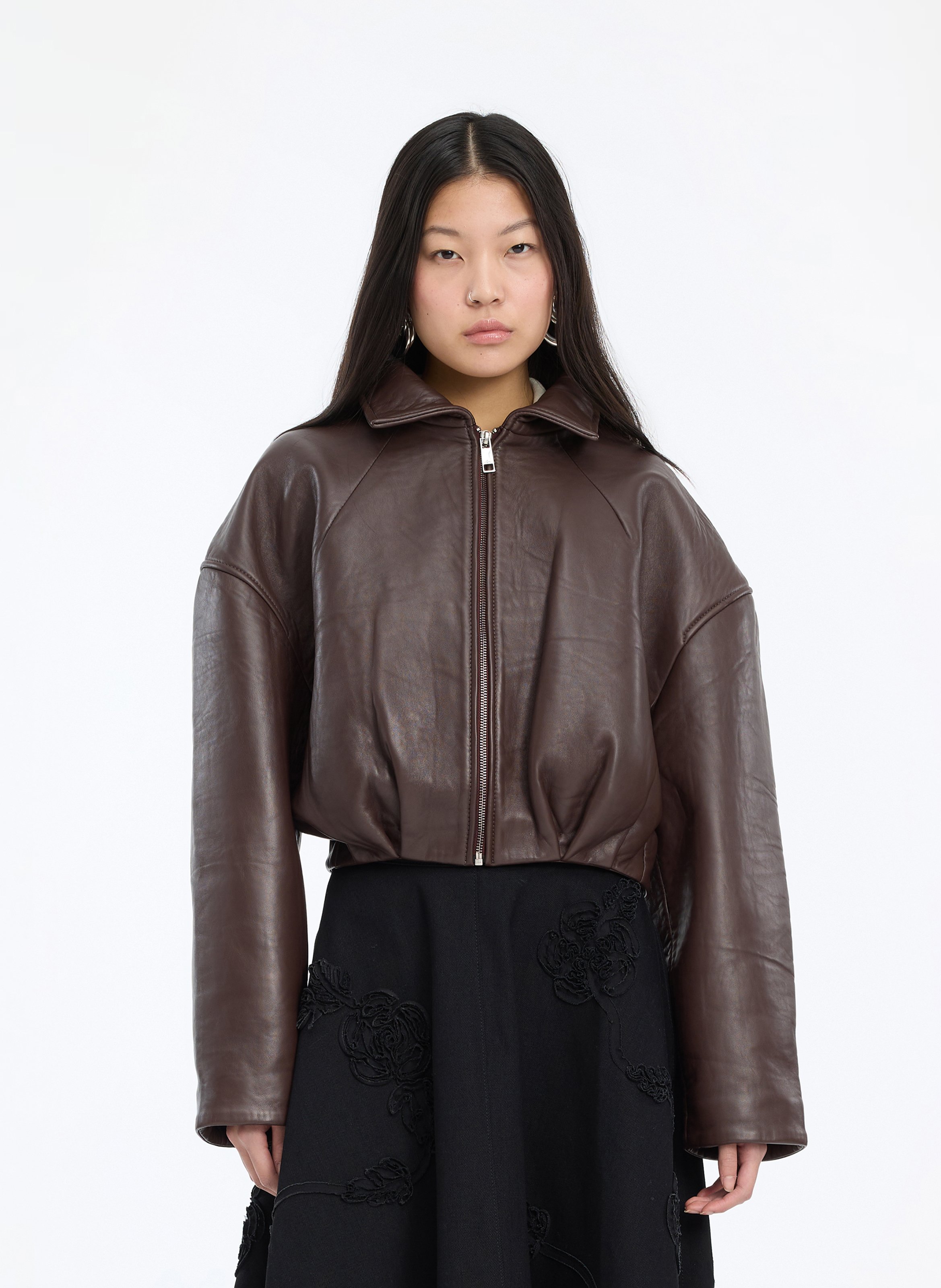 Korte oversized leren jas ROTATE Bruin