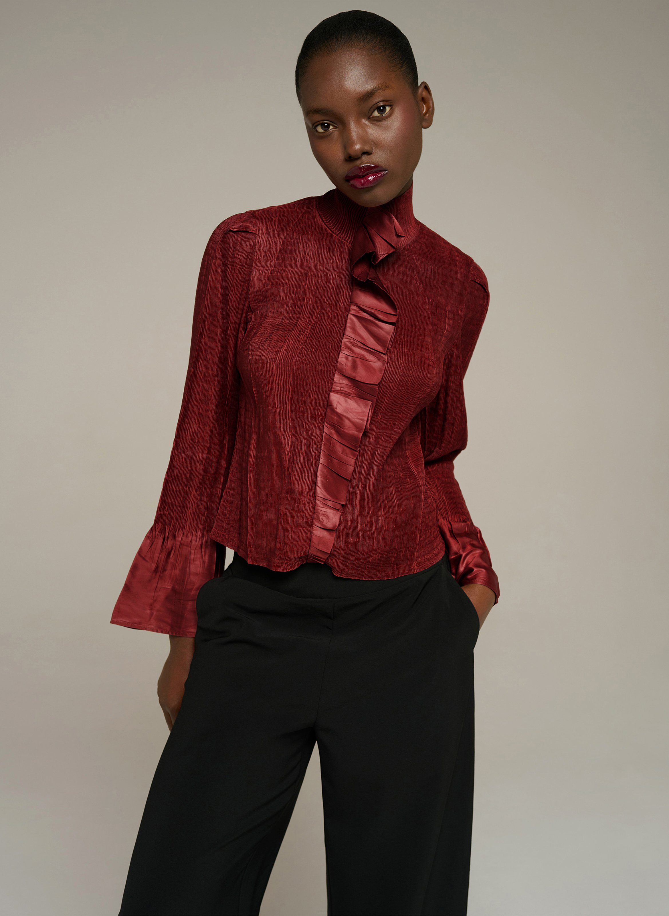 Chemise col montant plissée à volants  COTELAC Rose