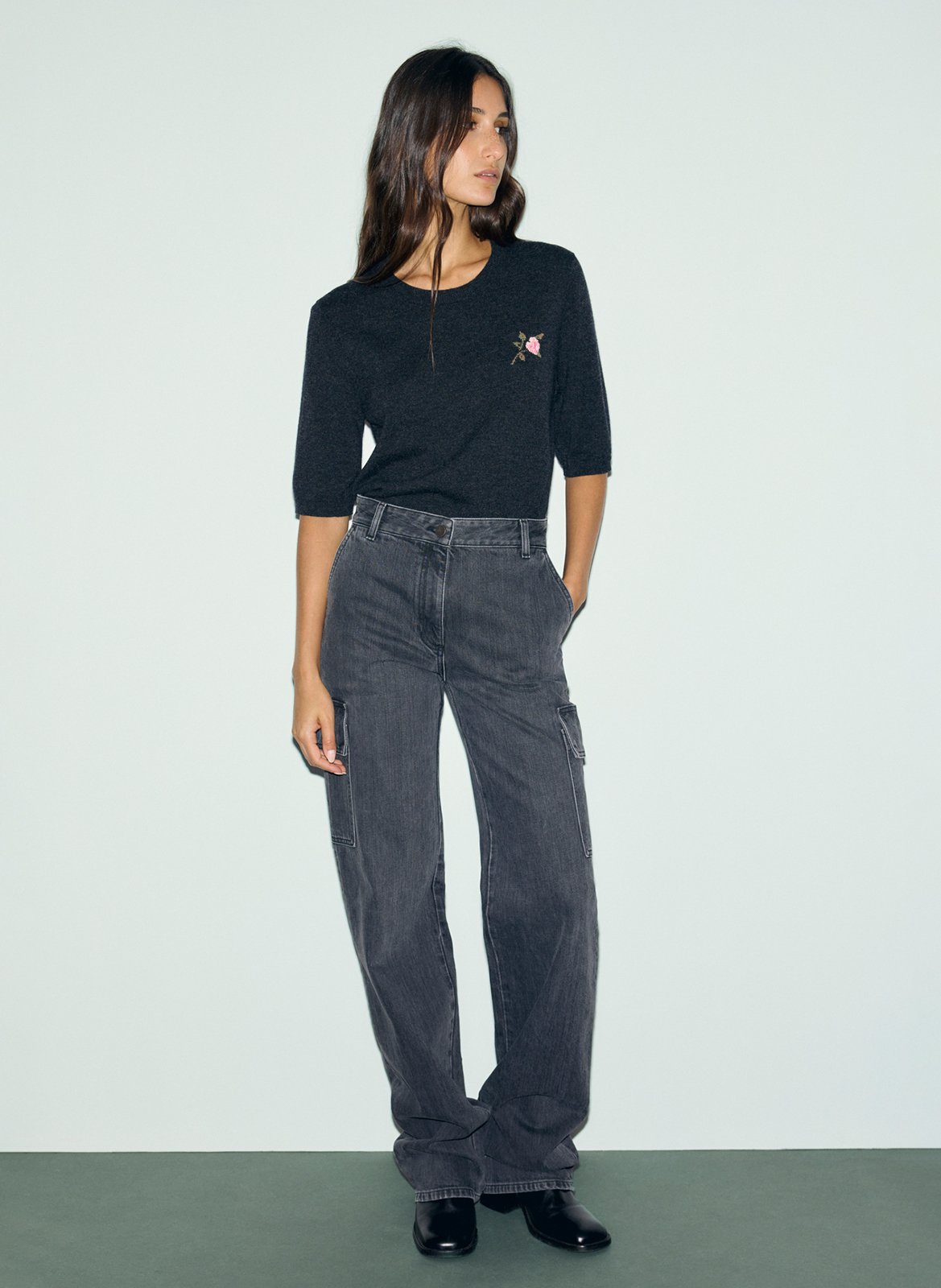 Pull droit col rond manches courtes en laine GERARD DAREL Gris