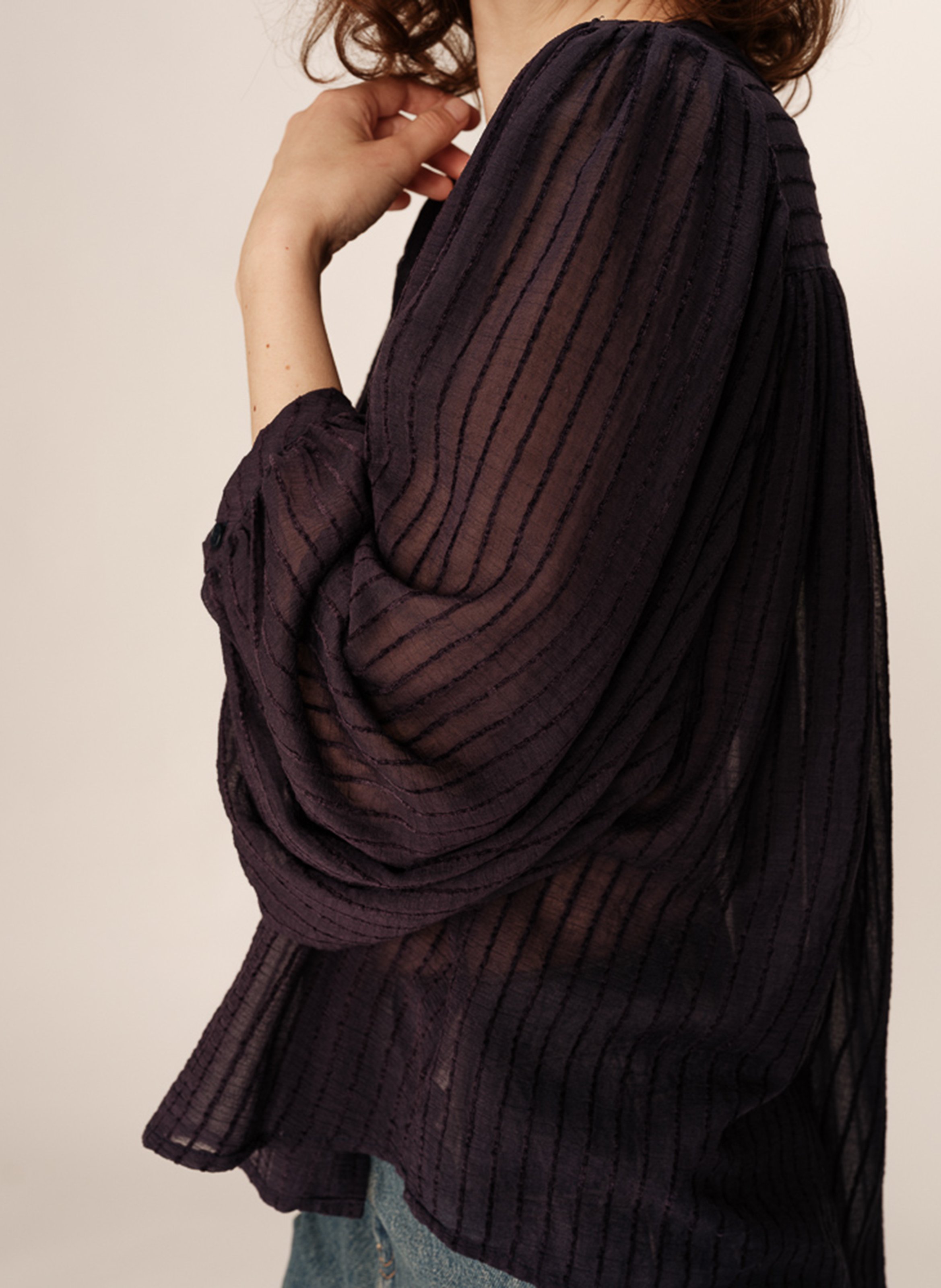 Striped loose-fitting blouse with gathers Blue