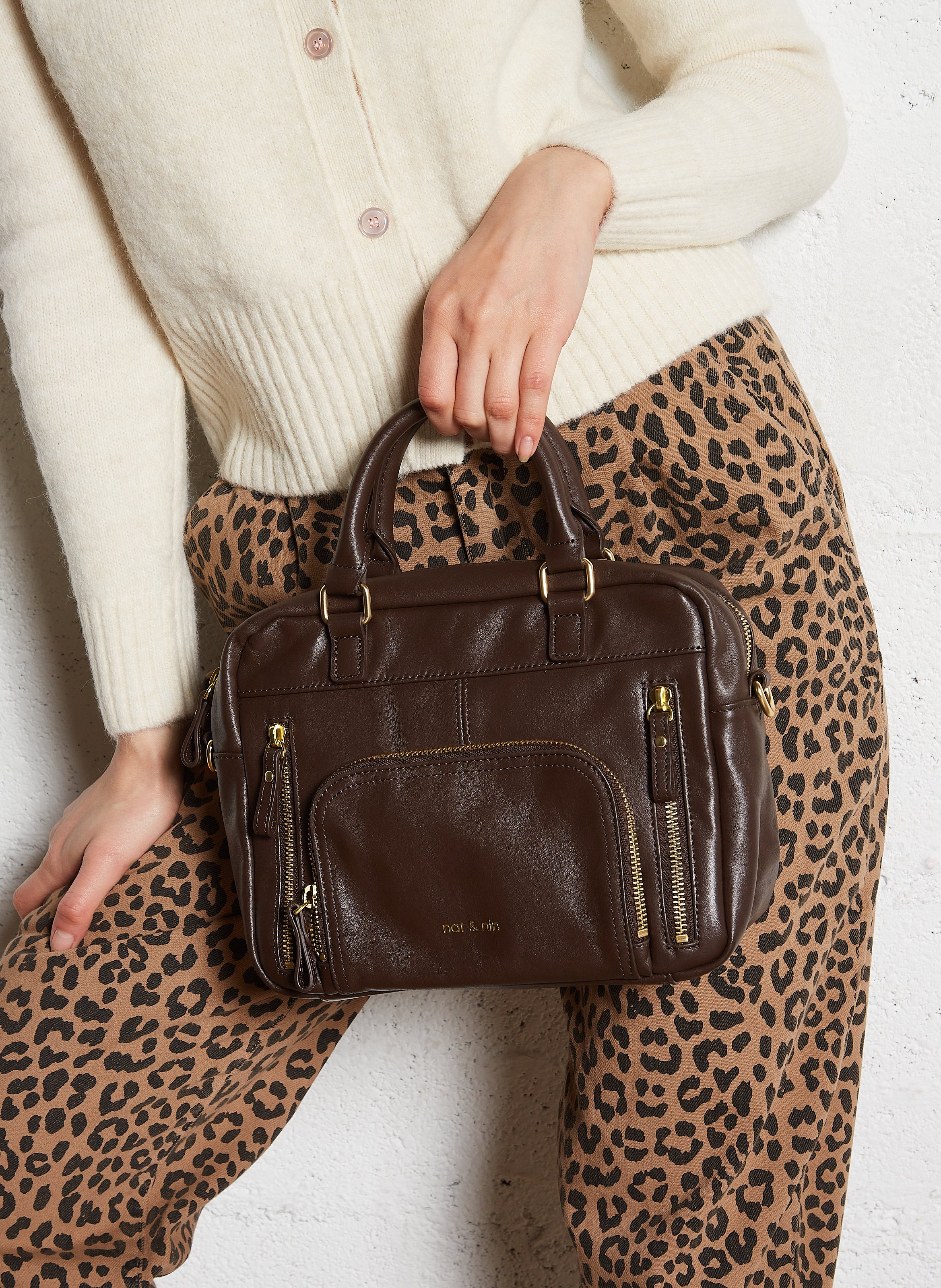 Sac à main multipoches en cuir NAT & NIN Marron