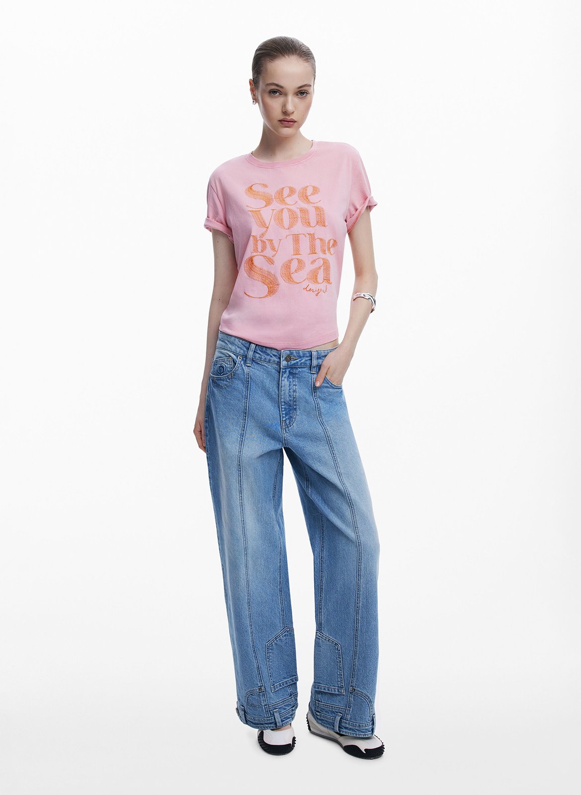 Tee-shirt droit brodé en coton DESIGUAL Rouge