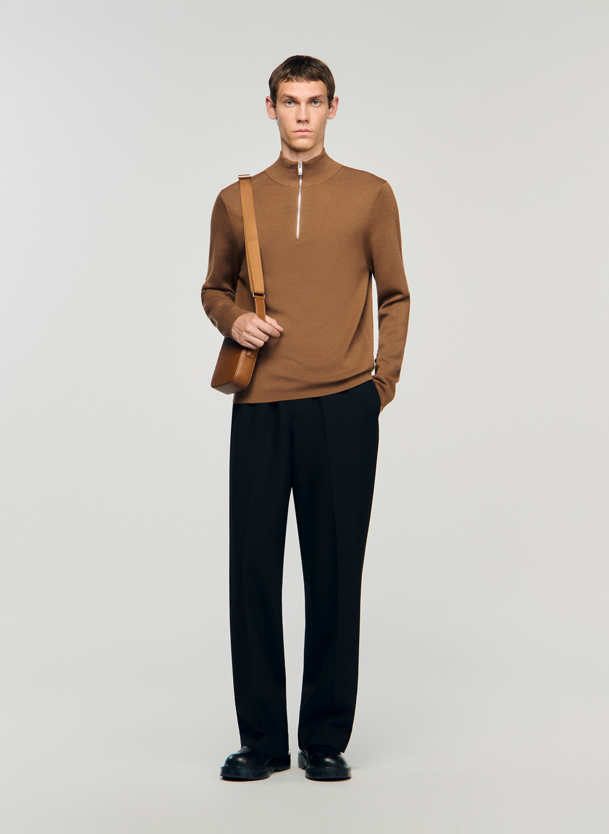 High-neck wool sweater with zip Beige