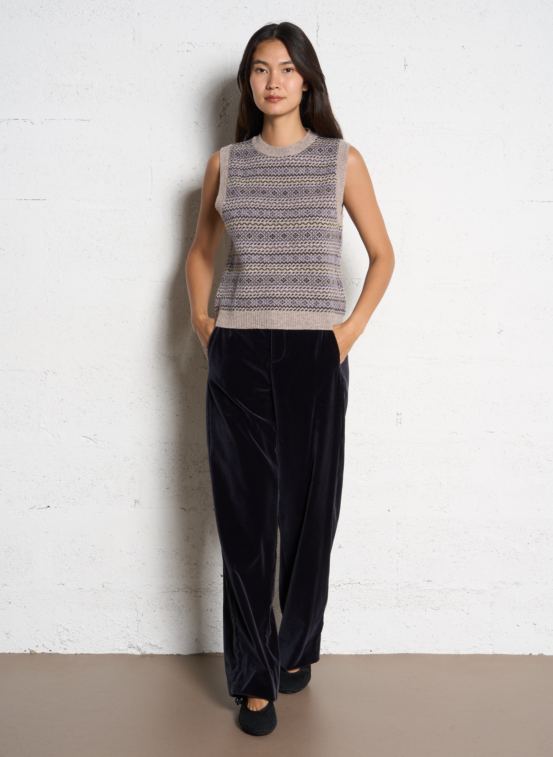 Pull sans manches col rond jacquard en laine mérinos SOEUR Multicolore