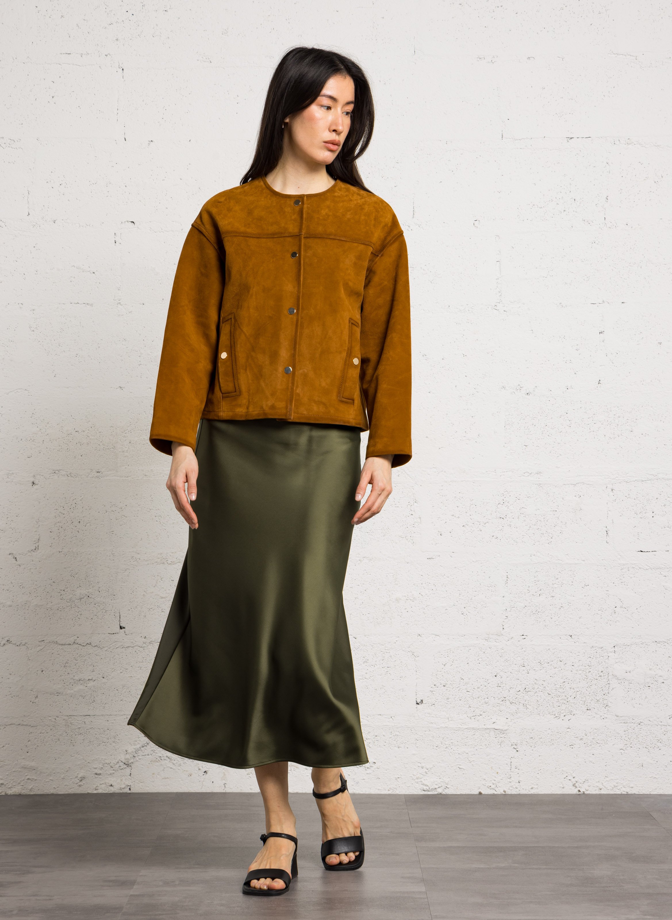 Flared satin-effect midi skirt MAISON 123 Khaki