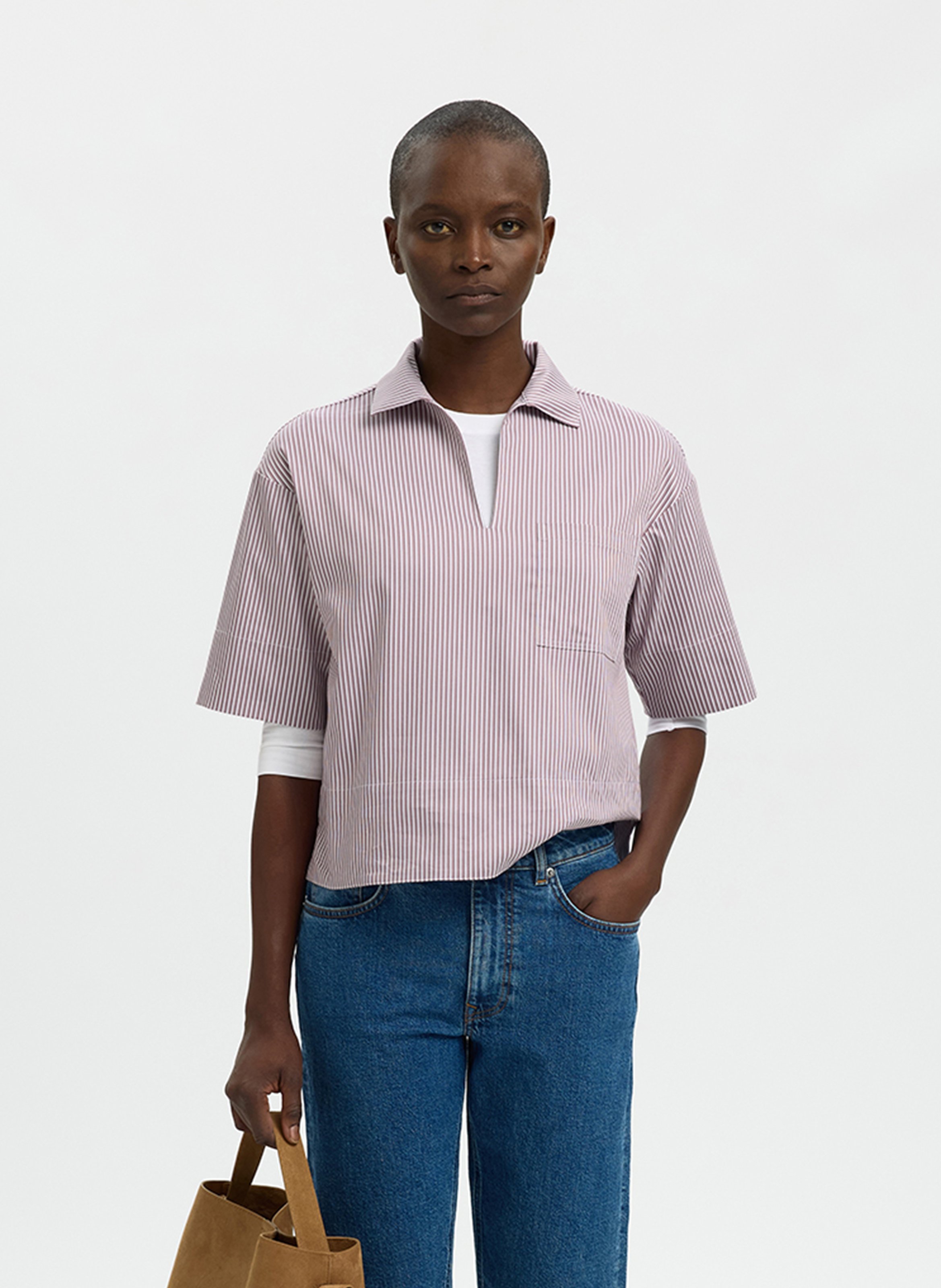 Straight classic collar blouse in striped organic cotton SELECTED