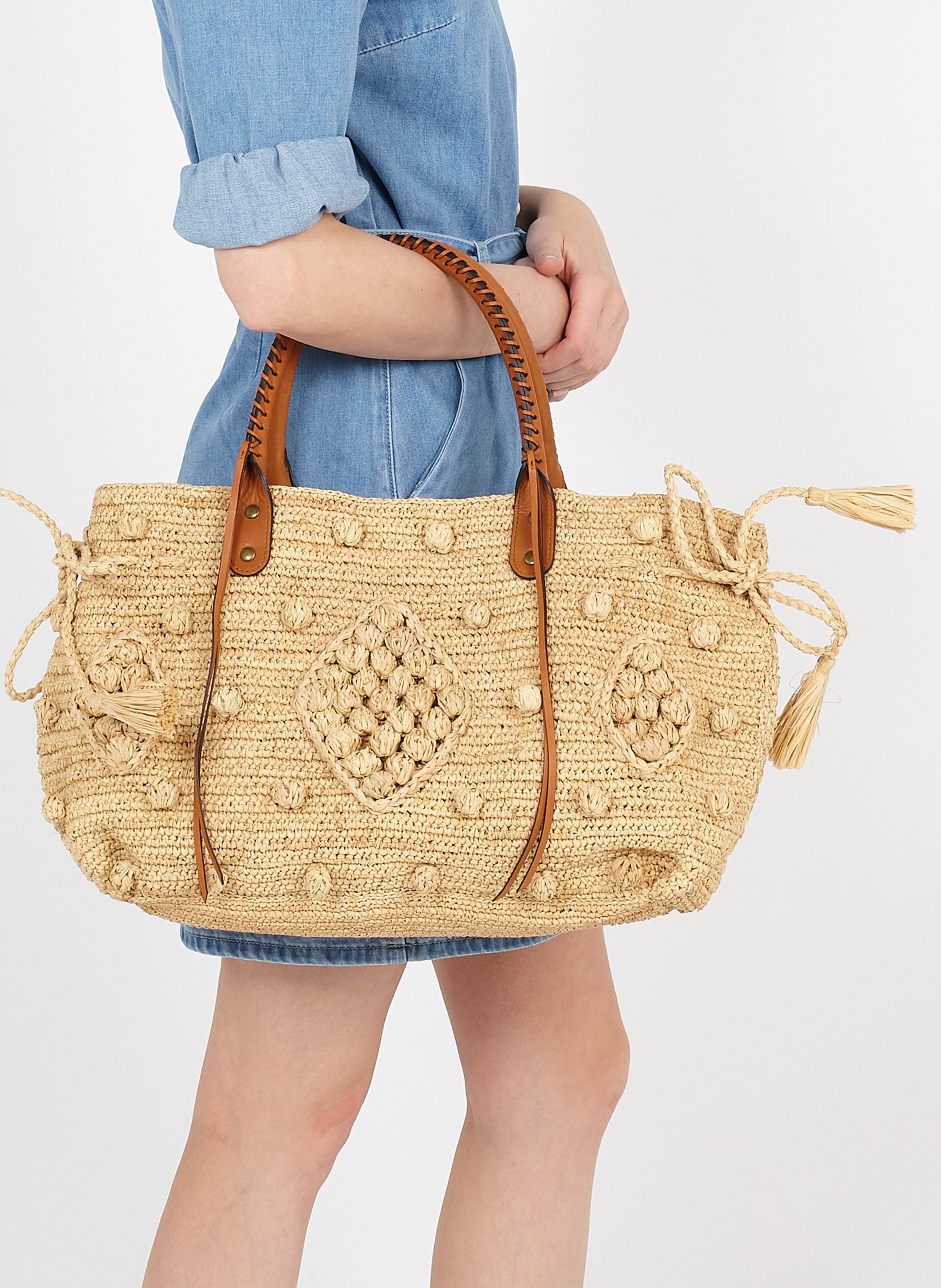 Handtasche aus Bast und Leder GERARD DAREL Beige