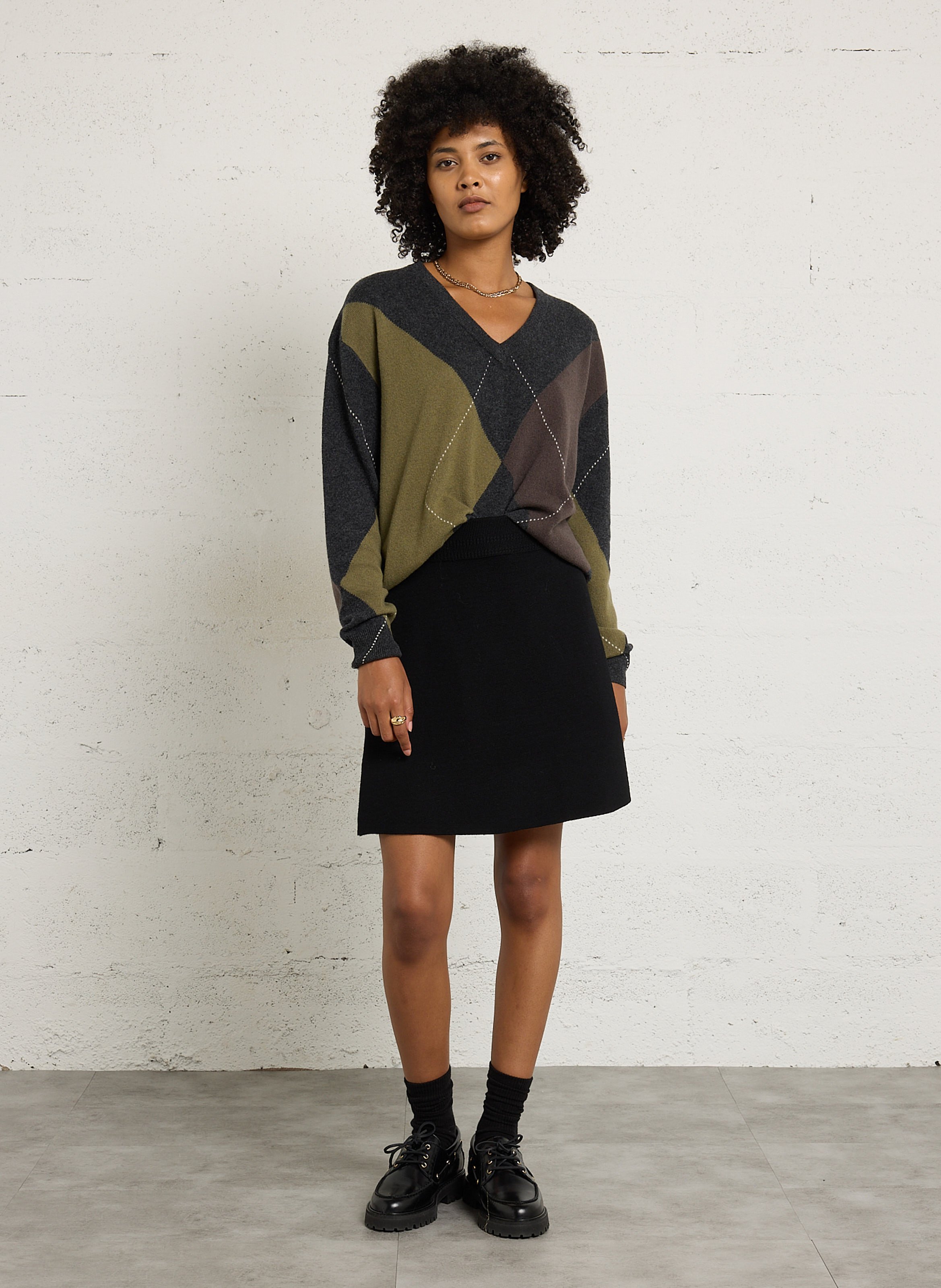 Pull droit col V en laine imprimée JC SOPHIE Multicolore
