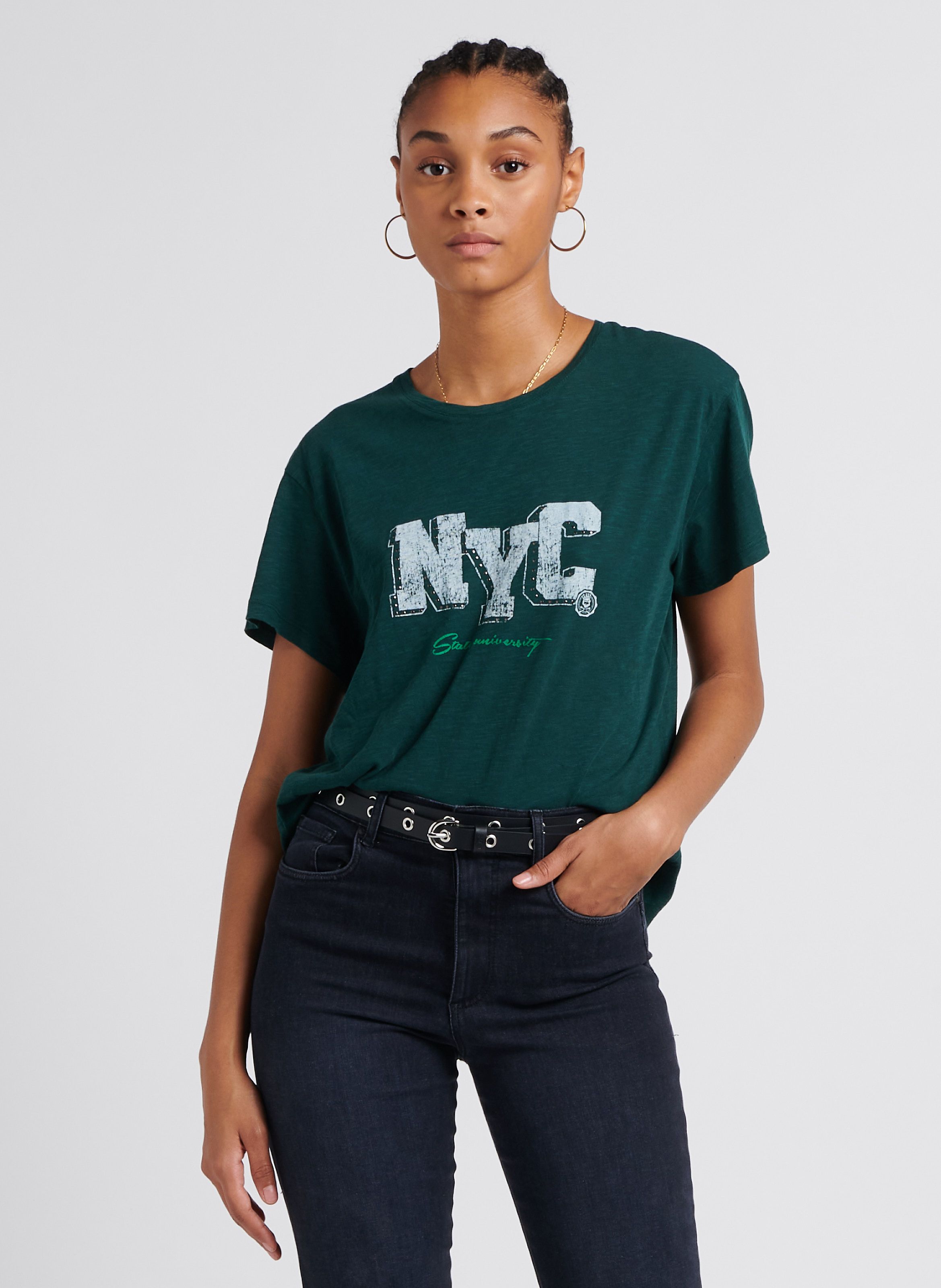 Tee shirt Col Rond En Coton Vert Canard Ikks Femme Place des