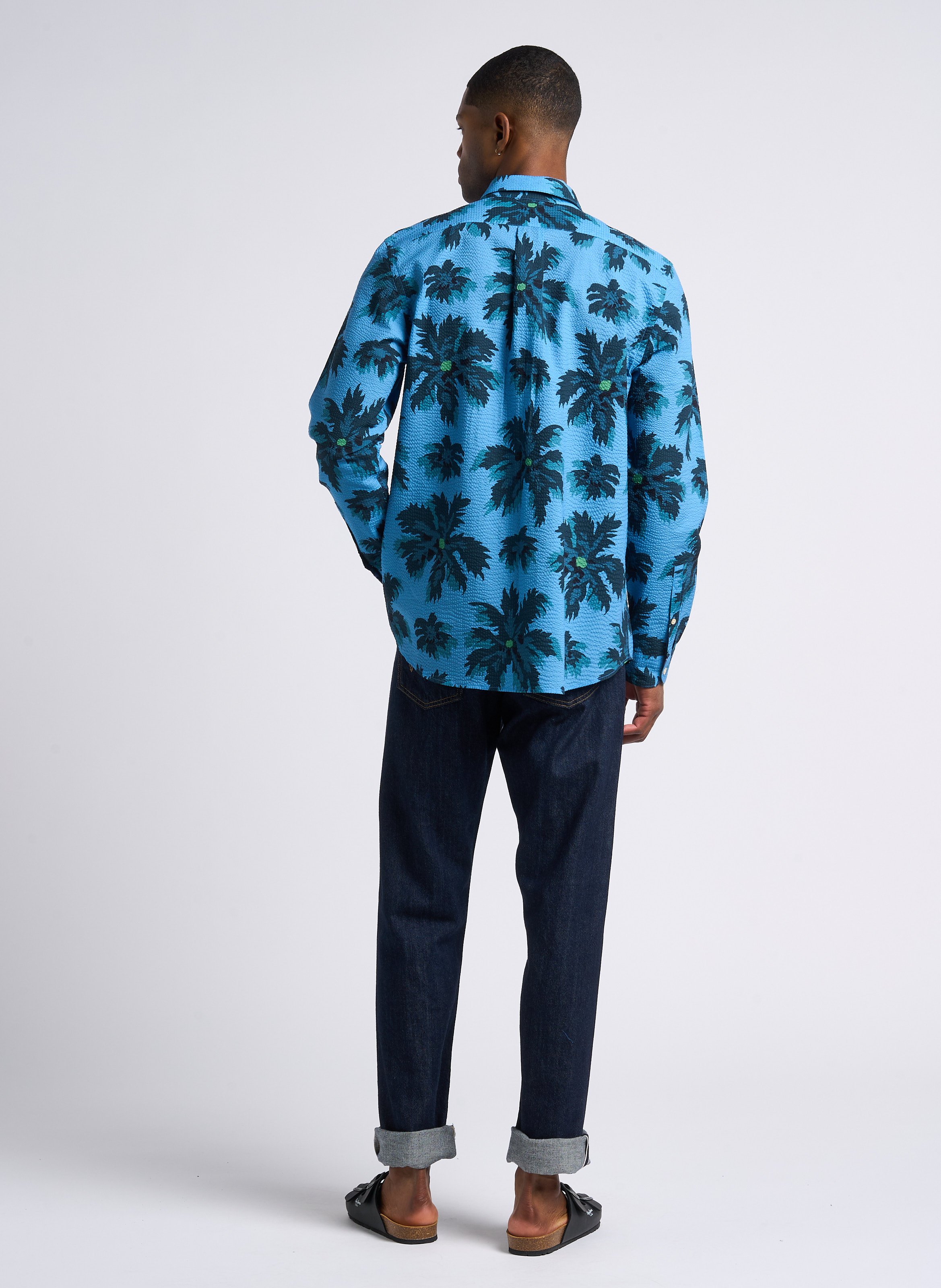 Printed cotton shirt with classic collar Blue