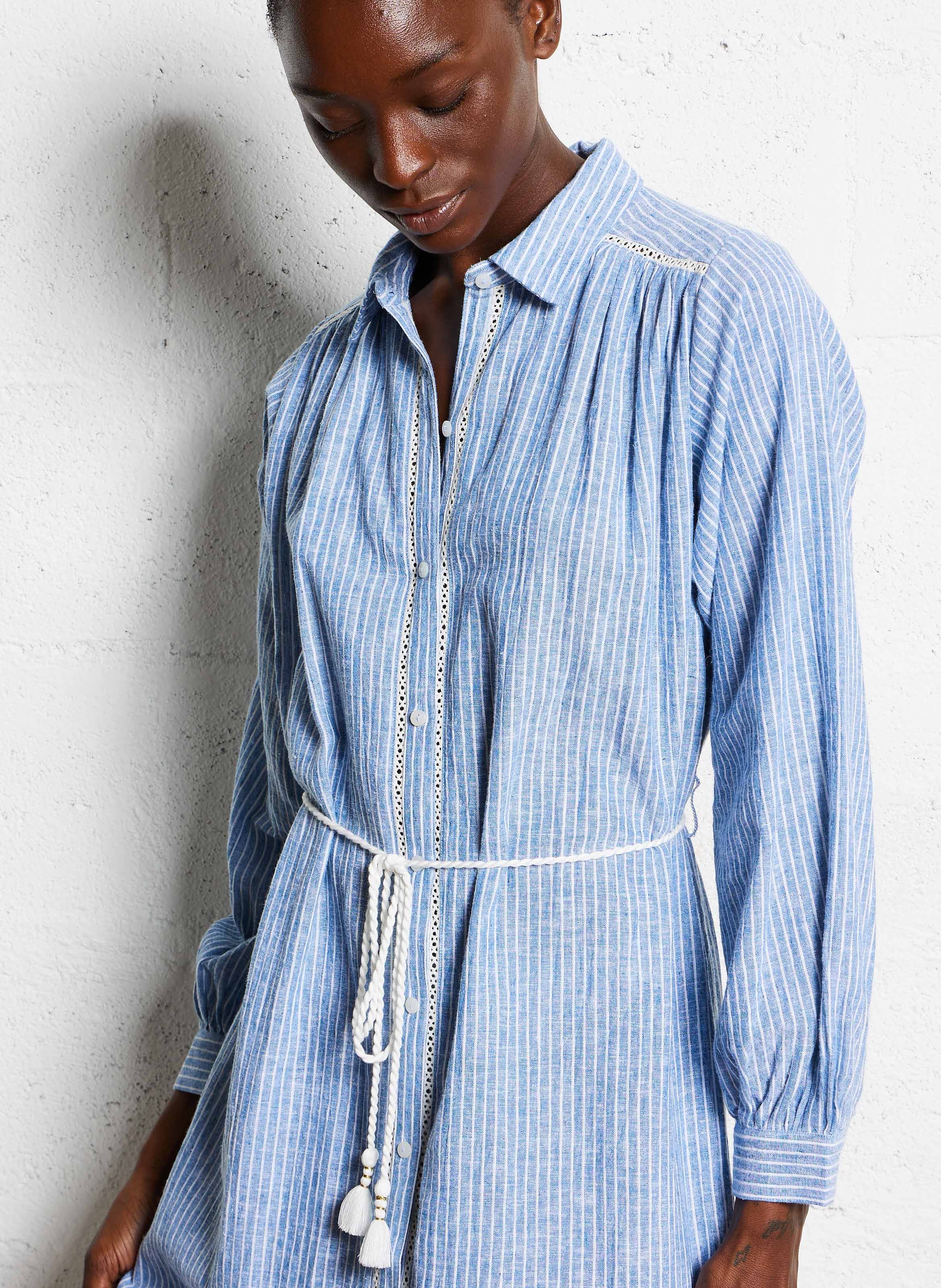 Halflange, gestreepte jurk van biokatoen Blauw