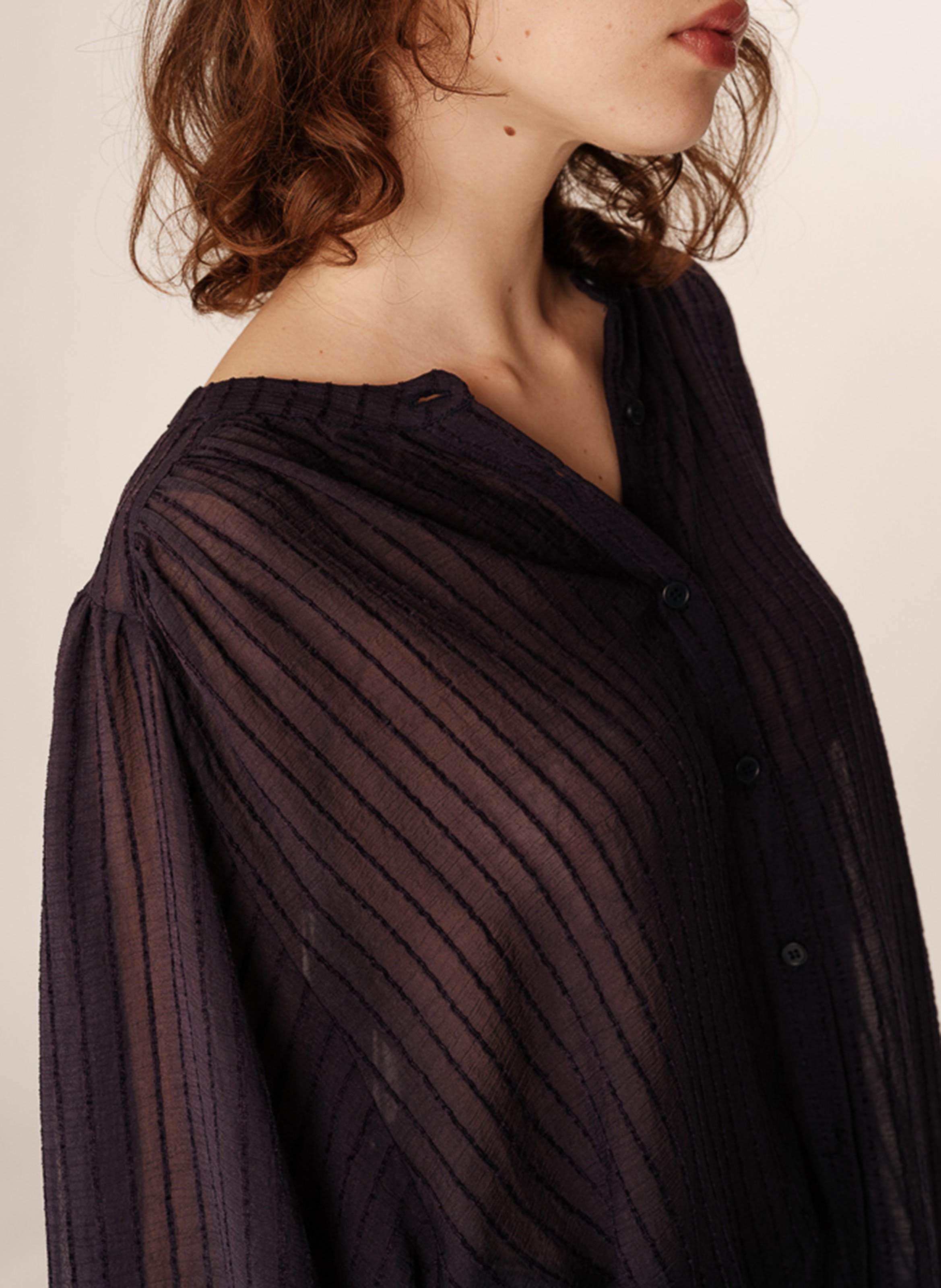 Striped loose-fitting blouse with gathers Blue