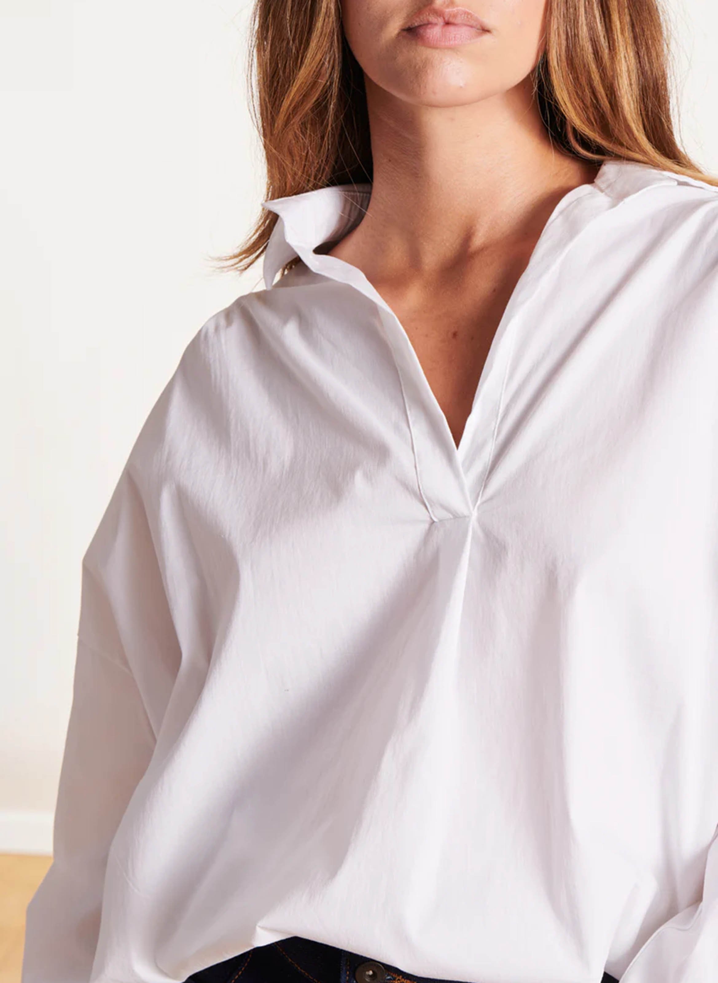 Blouse ample col chemise en coton mélangé  LA FEE MARABOUTEE Blanc