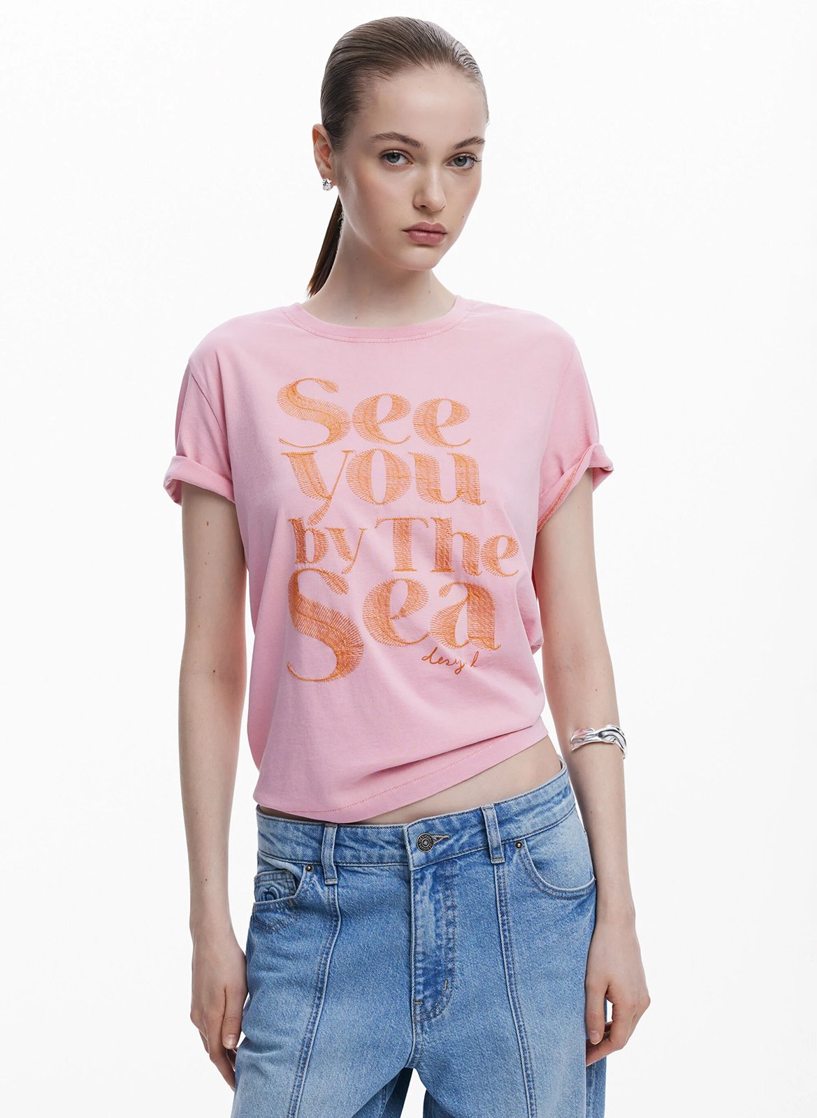 Tee-shirt droit brodé en coton DESIGUAL Rouge