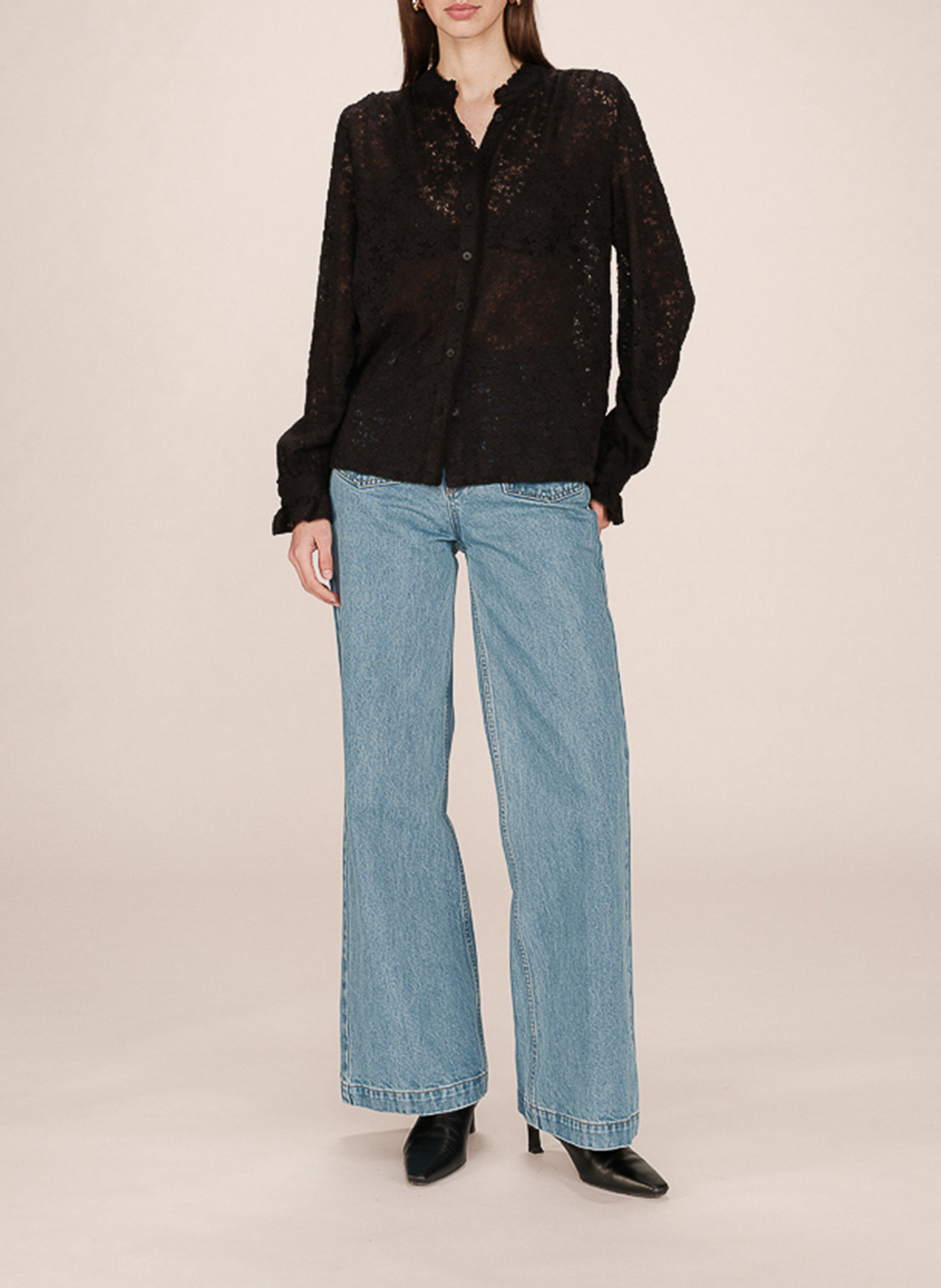 Chemise col rond rond en coton mélangé GRACE ET MILA Noir