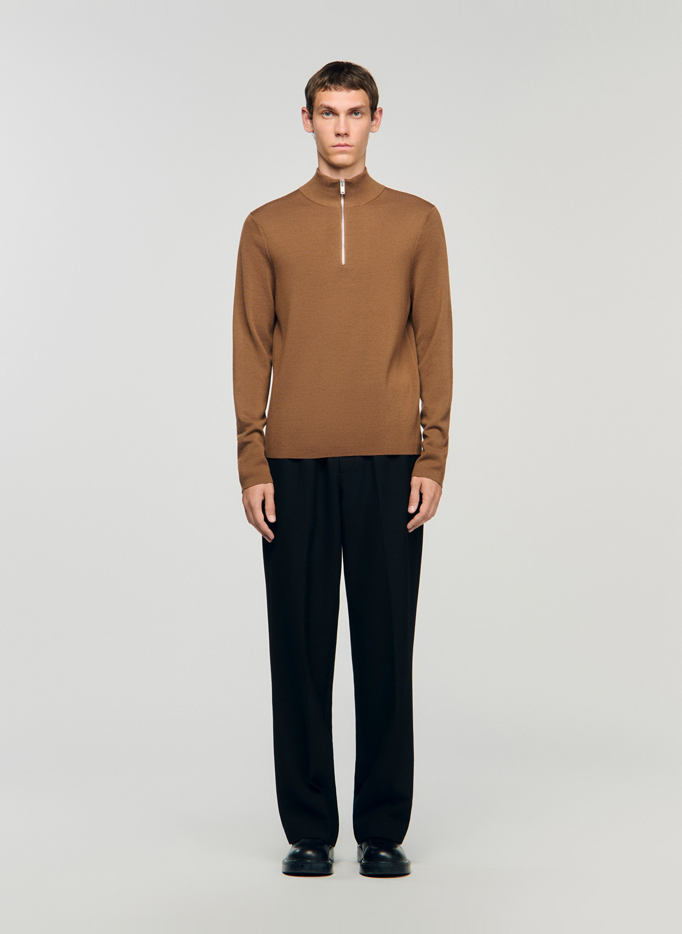 High-neck wool sweater with zip Beige
