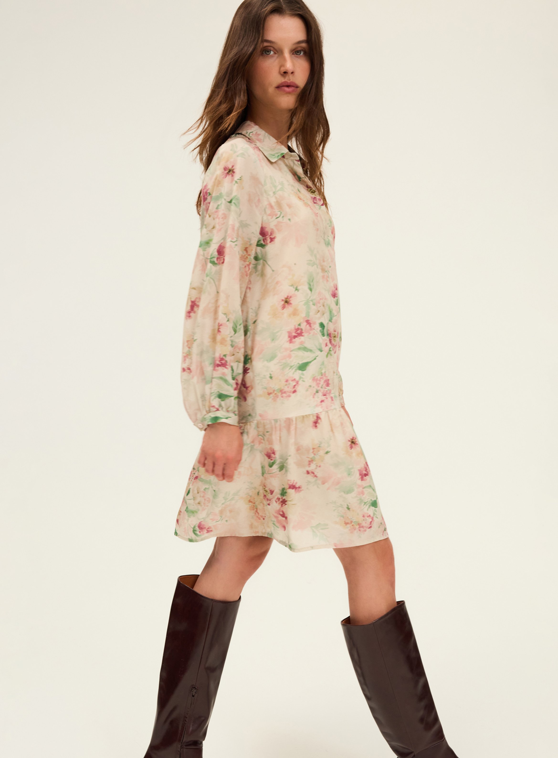 Short dress with floral print and shirt collar PABLO Beige