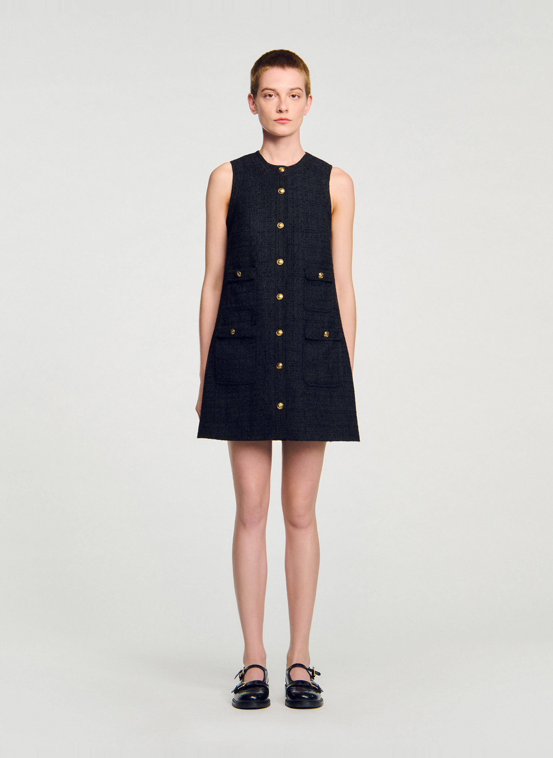Robe courte col rond en tweed SANDRO Noir
