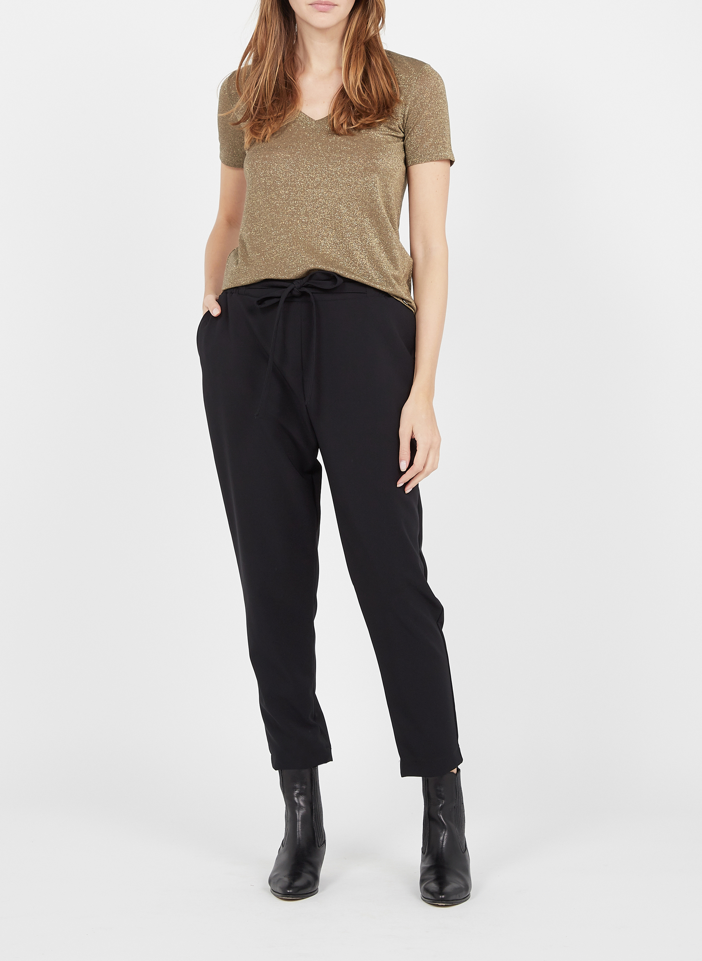 T-shirt col V en fibres métallisées PLEASE Kaki