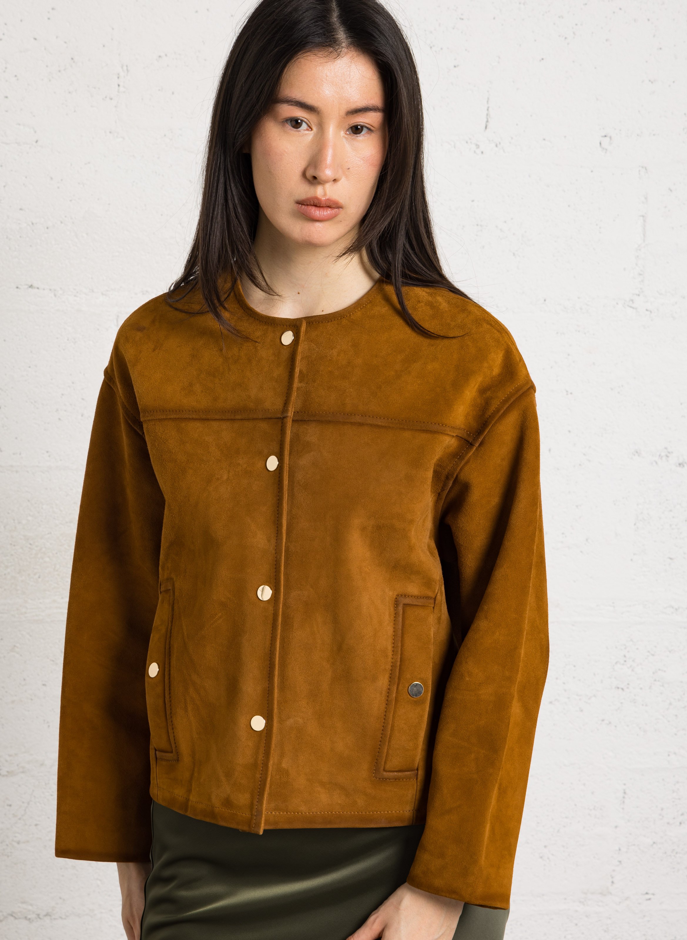 Straight round-neck suede leather jacket MAISON 123 Beige