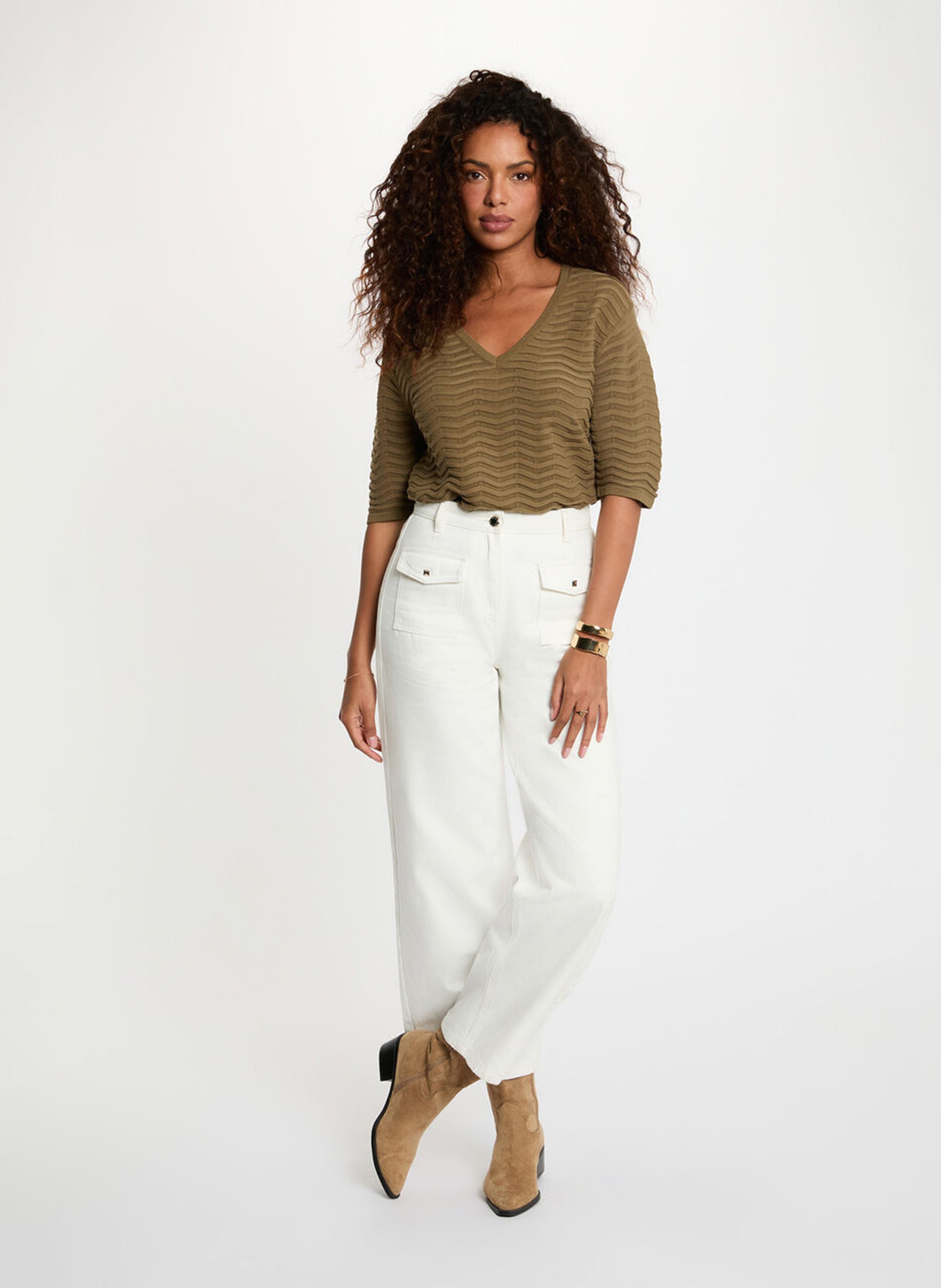 Straight-cut V-neck knit sweater MORGAN Green