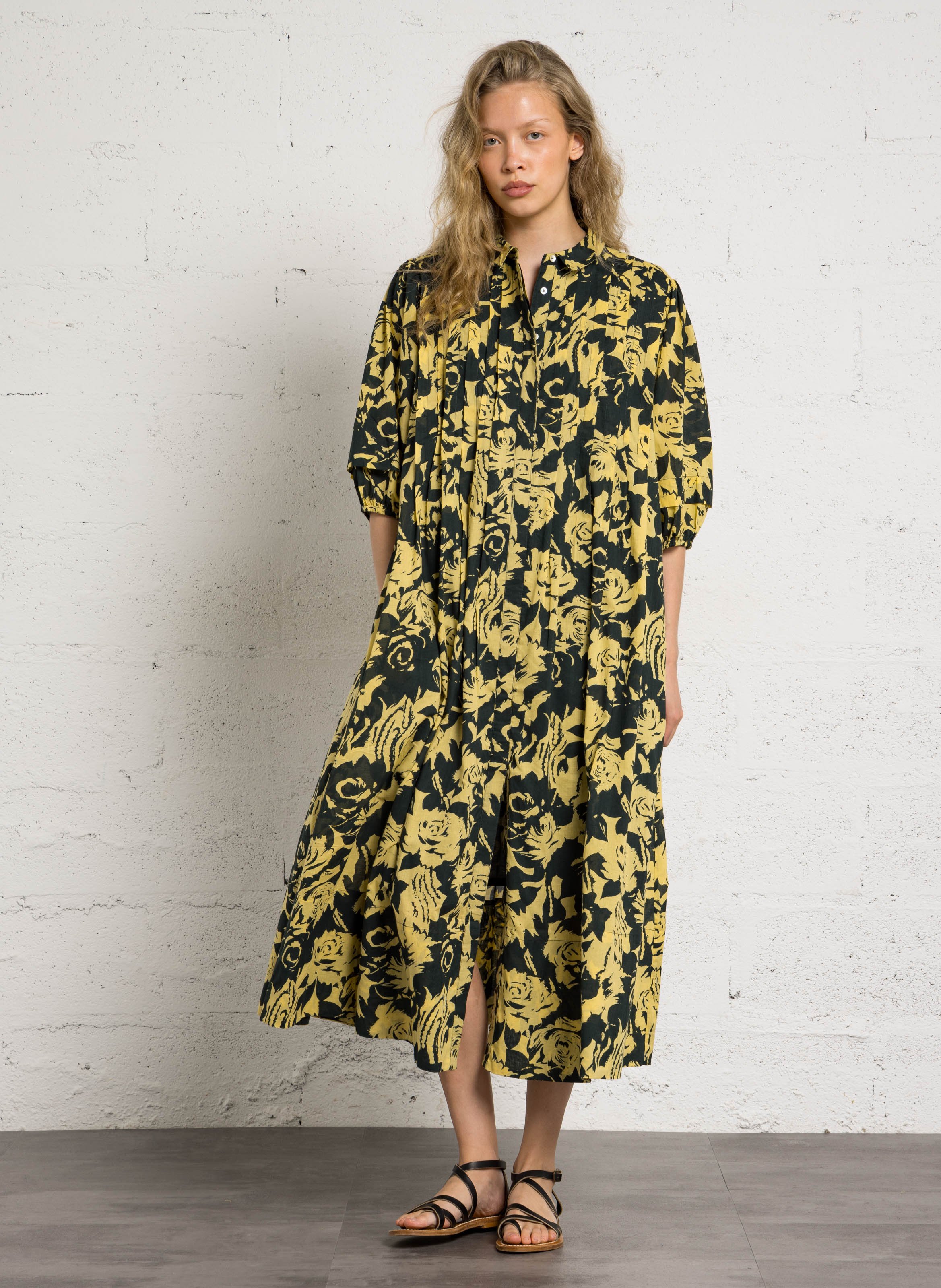 Robe longue ample col classique en coton bio LEON & HARPER Jaune