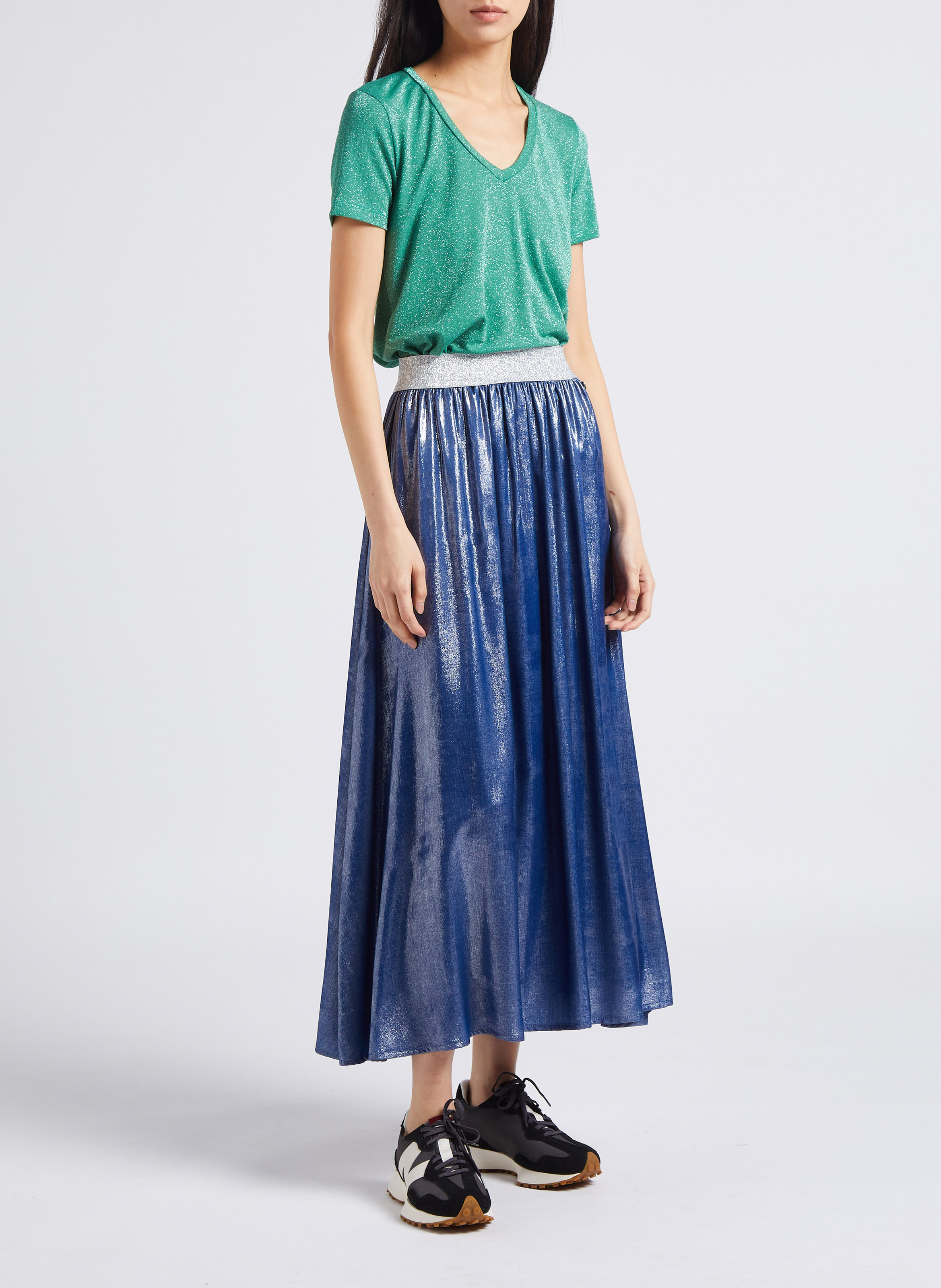 Jupe midi taille haute effet jean satiné PLEASE Bleu