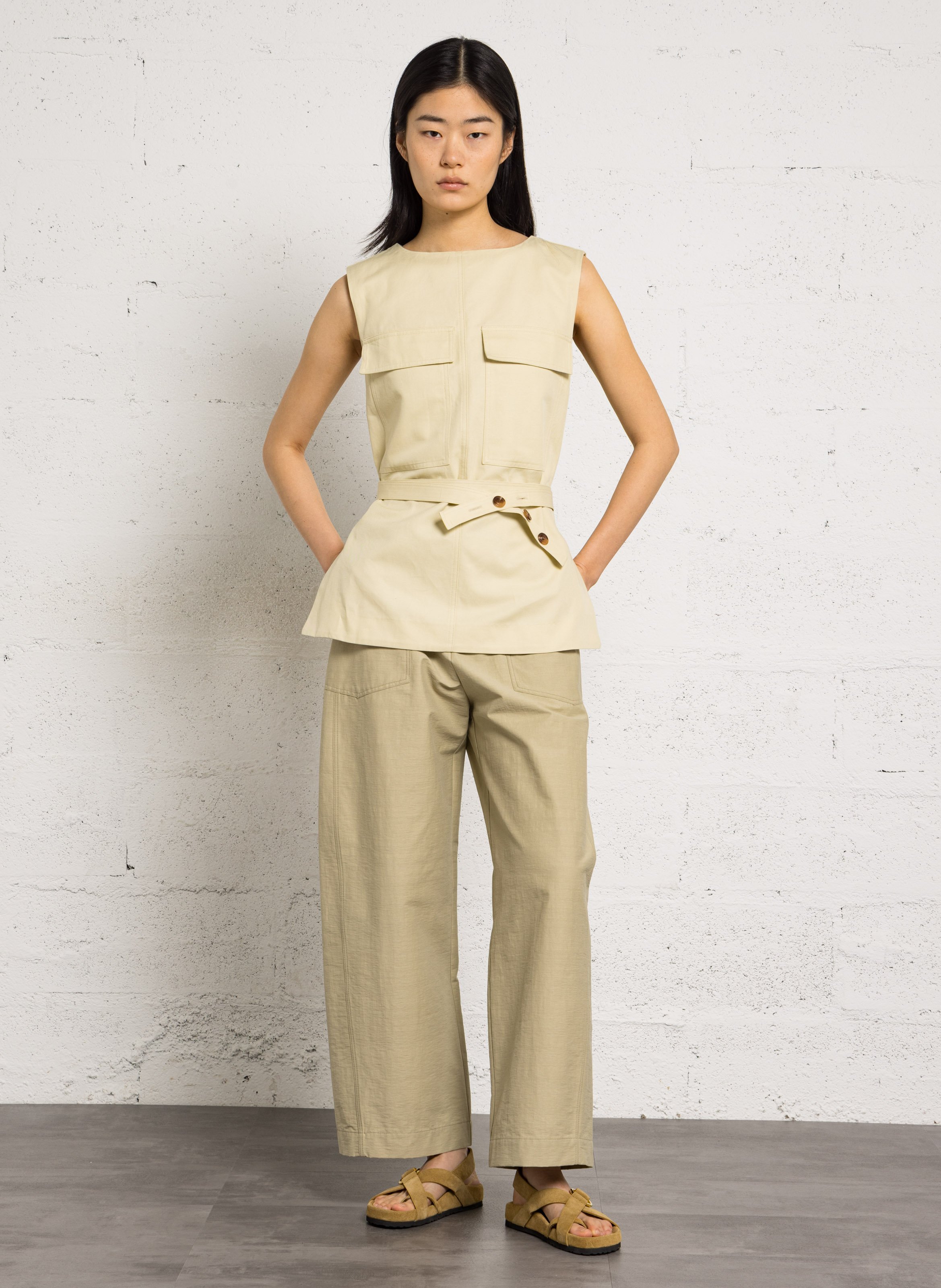 Round-neck organic cotton and linen top SOEUR Beige