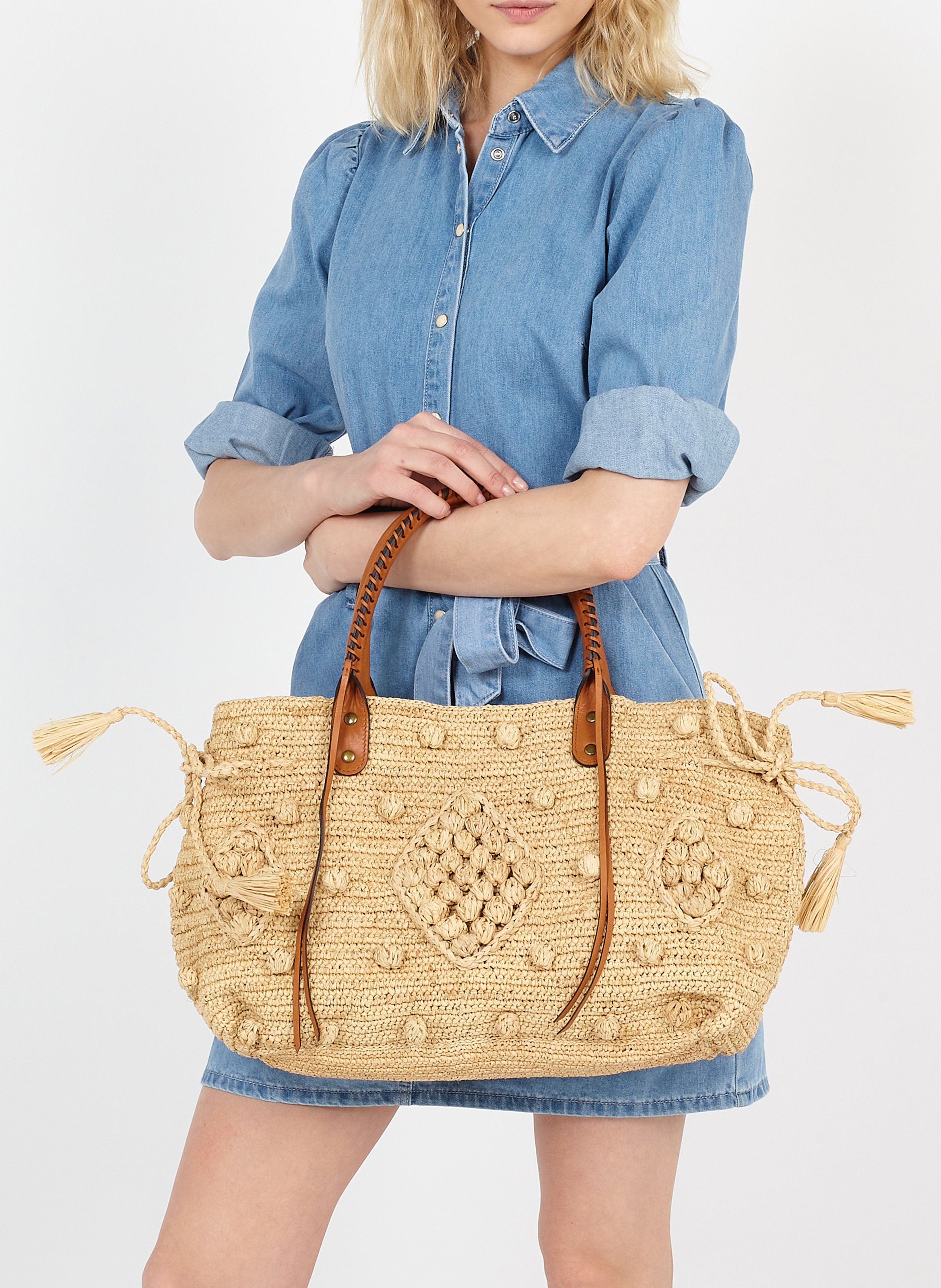 Handtasche aus Bast und Leder GERARD DAREL Beige