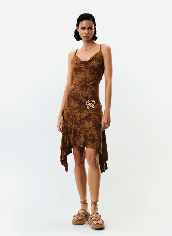 desigual brown dress Desigual Printed long-sleeve Midi Dress | Brown