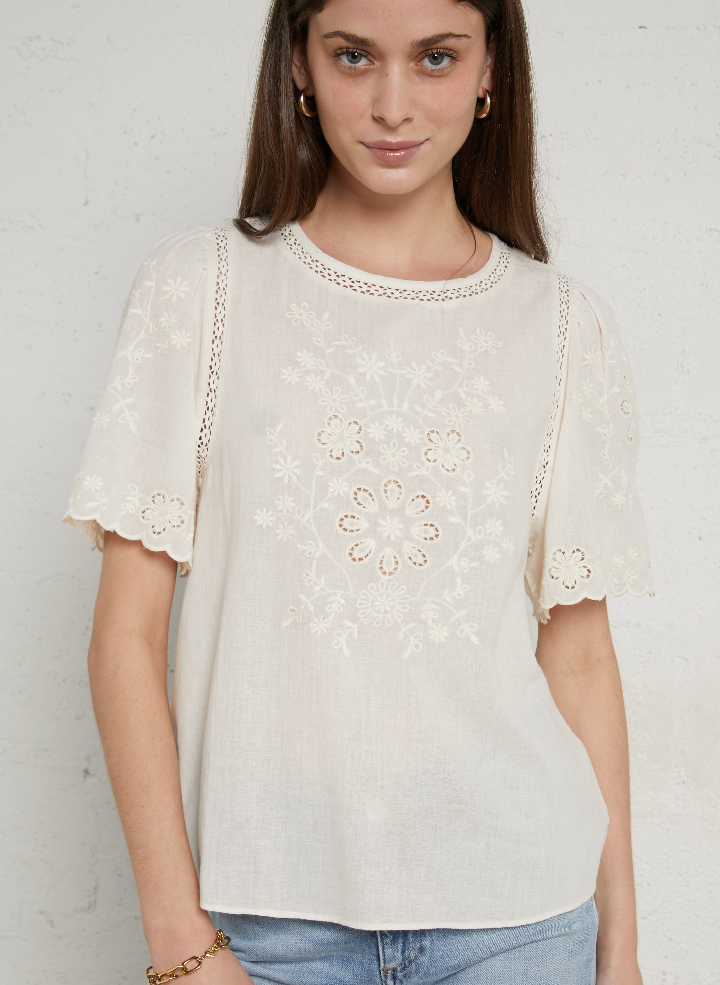 Round-neck loose-fit embroidered cotton top SUD EXPRESS