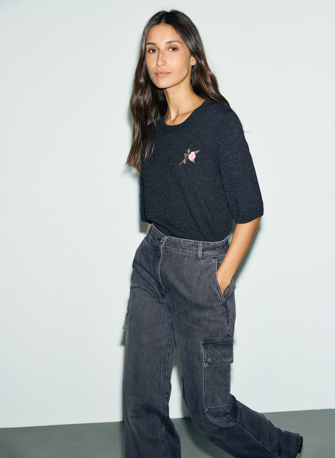 Pull droit col rond manches courtes en laine GERARD DAREL Gris