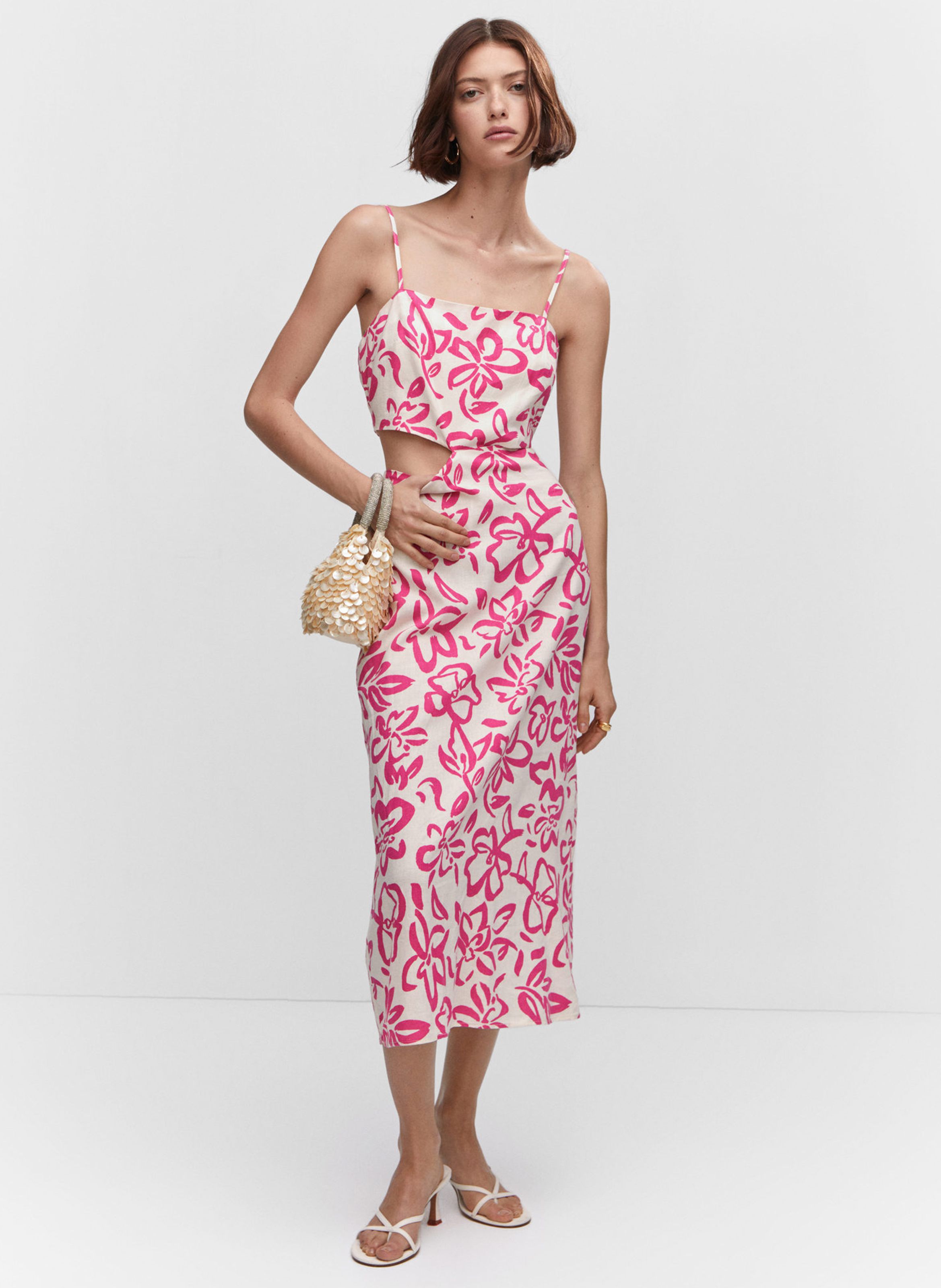 Robe Midi Droite Fleurie En Lin M lang Rose Vif Mango Femme