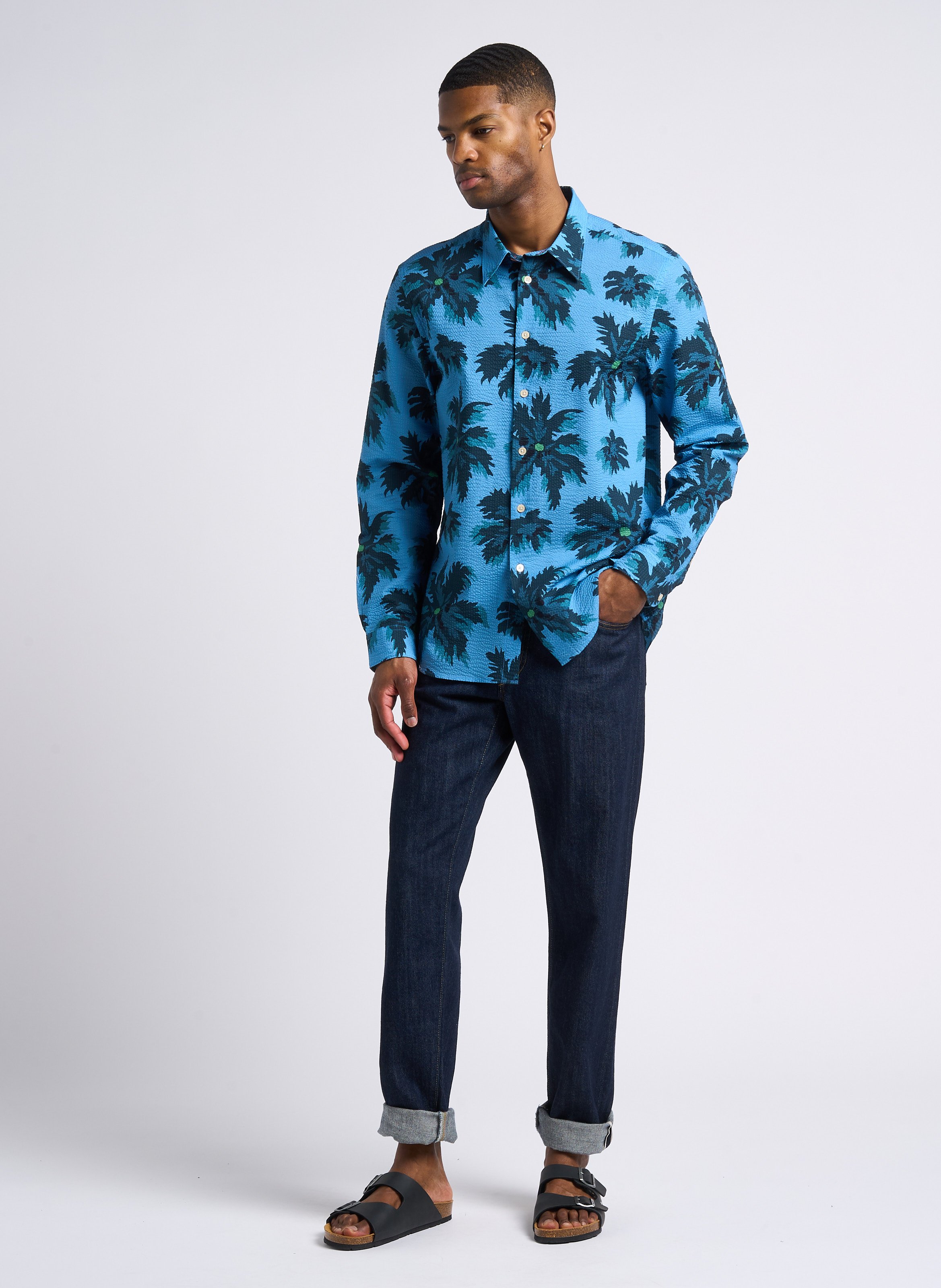 Printed cotton shirt with classic collar Blue