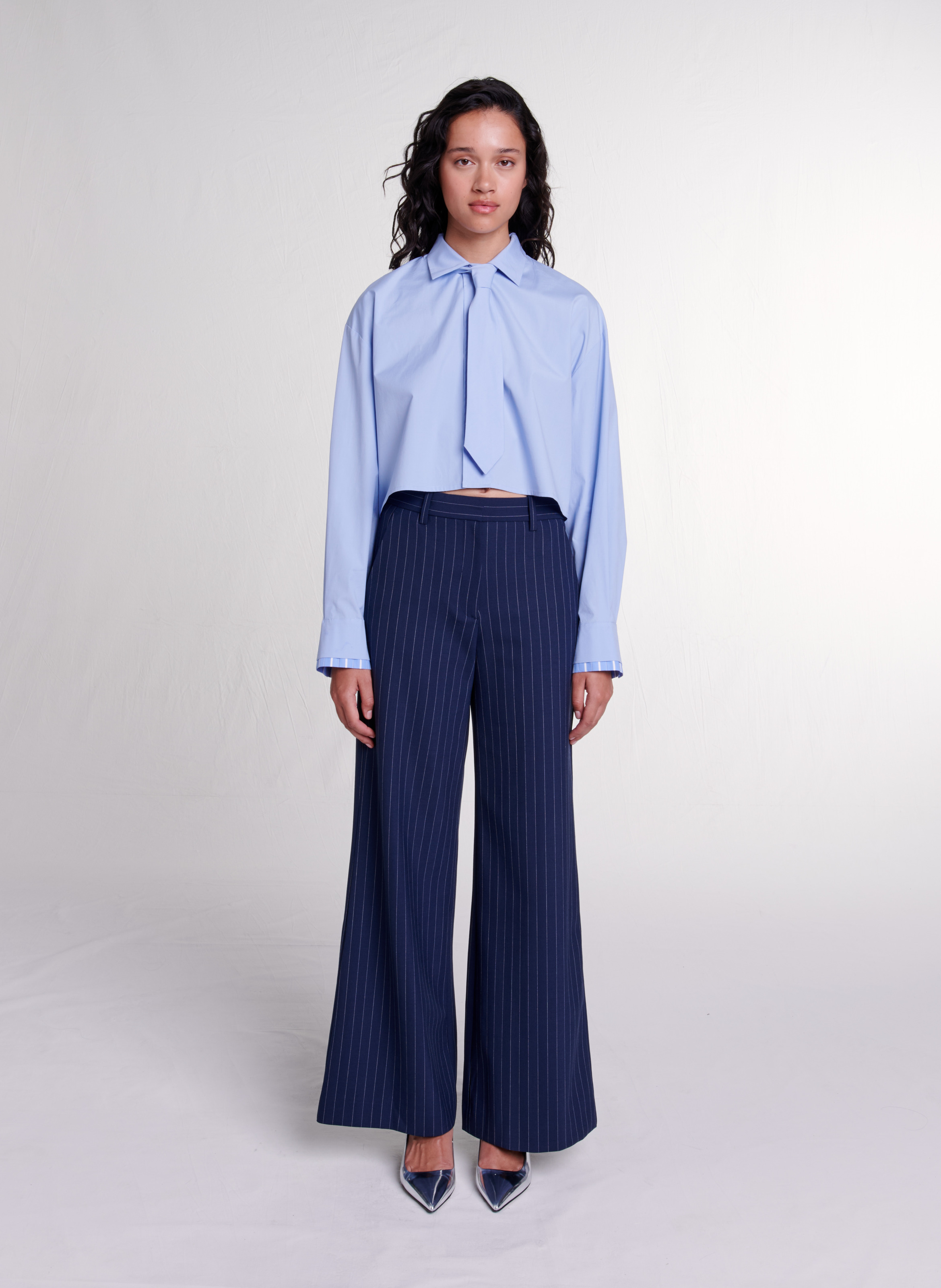 Loose-fit Cotton-blend Shirt With Classic Collar Bleu Maje - Women 