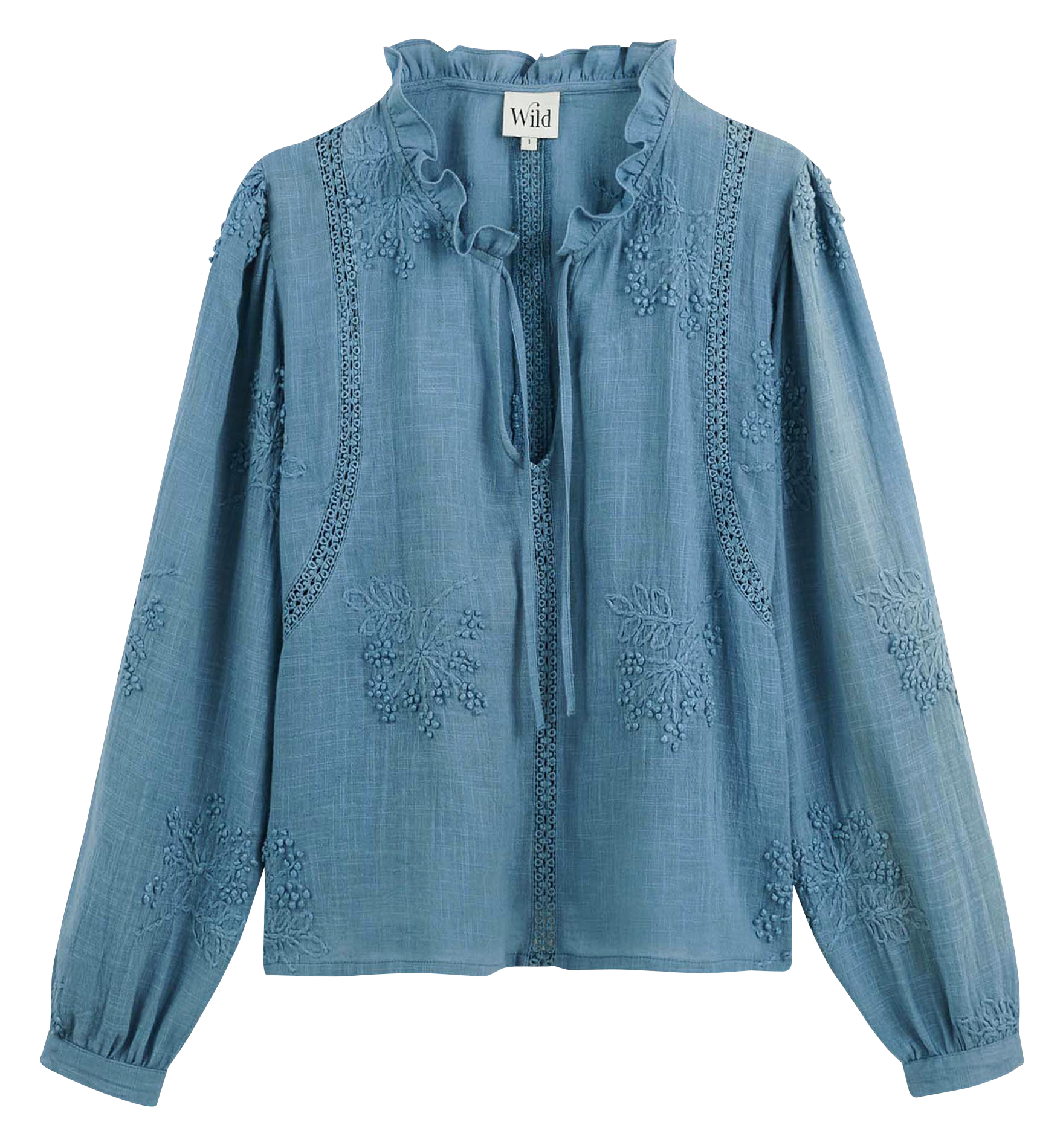Embroidered cotton Tunisian collar top WILD Blue
