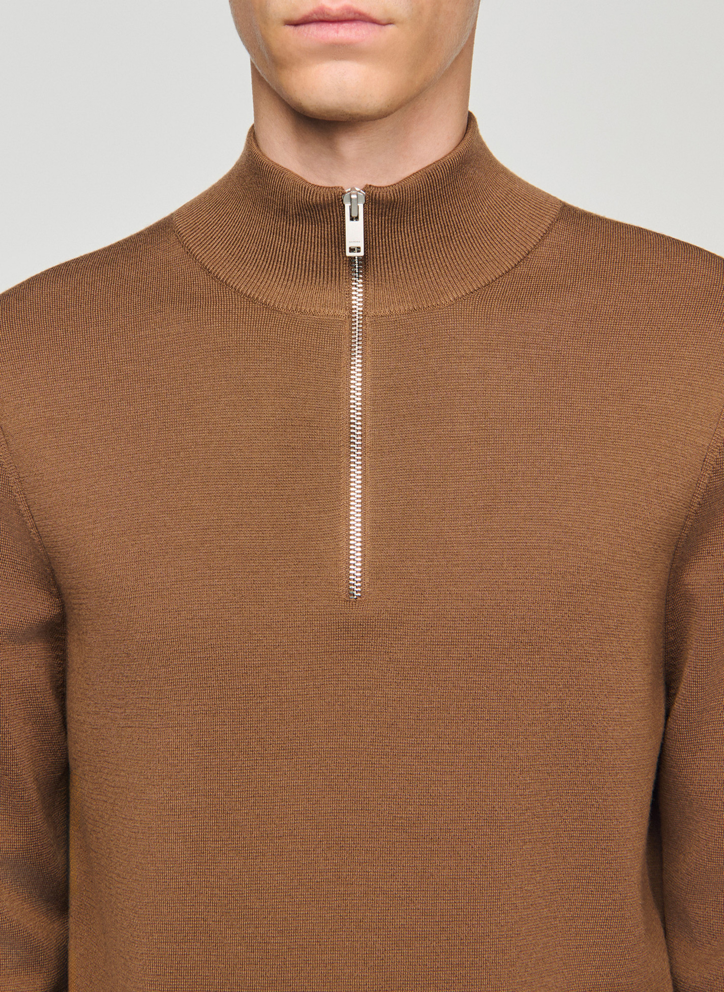 High-neck wool sweater with zip Beige