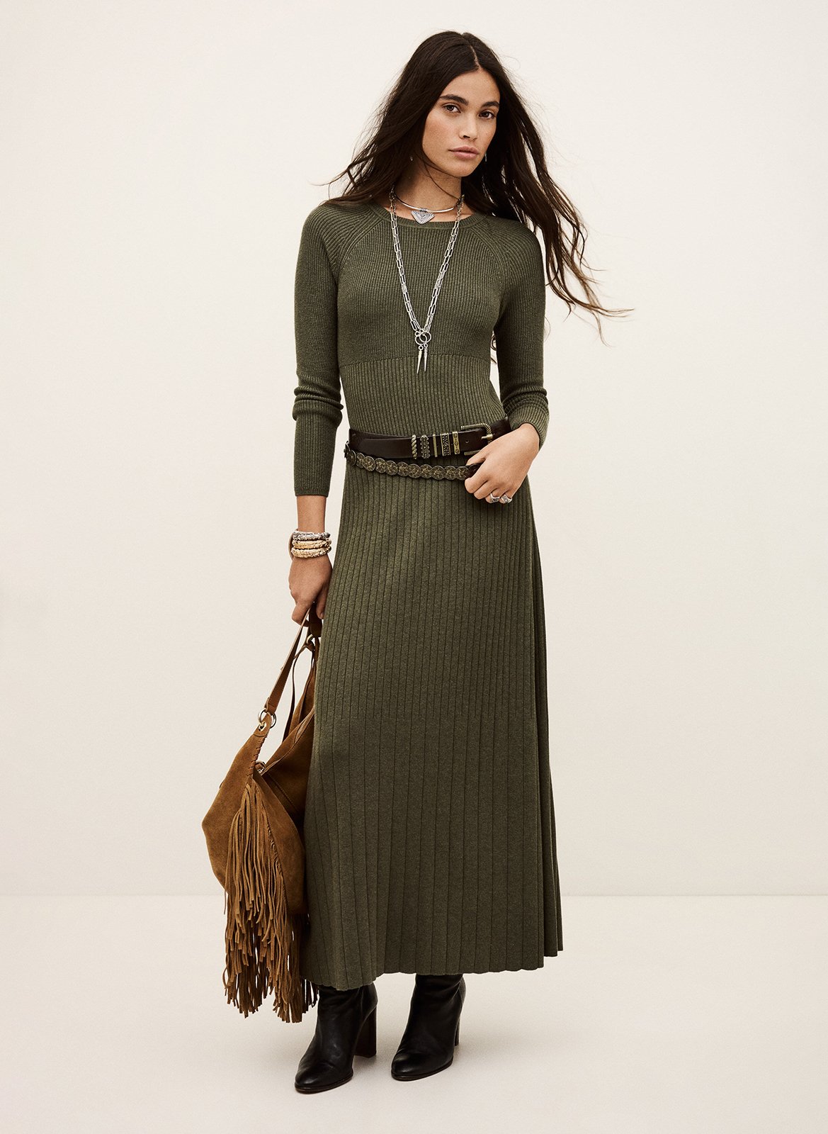 Robe longue col rond en laine mélangée BA&SH Kaki