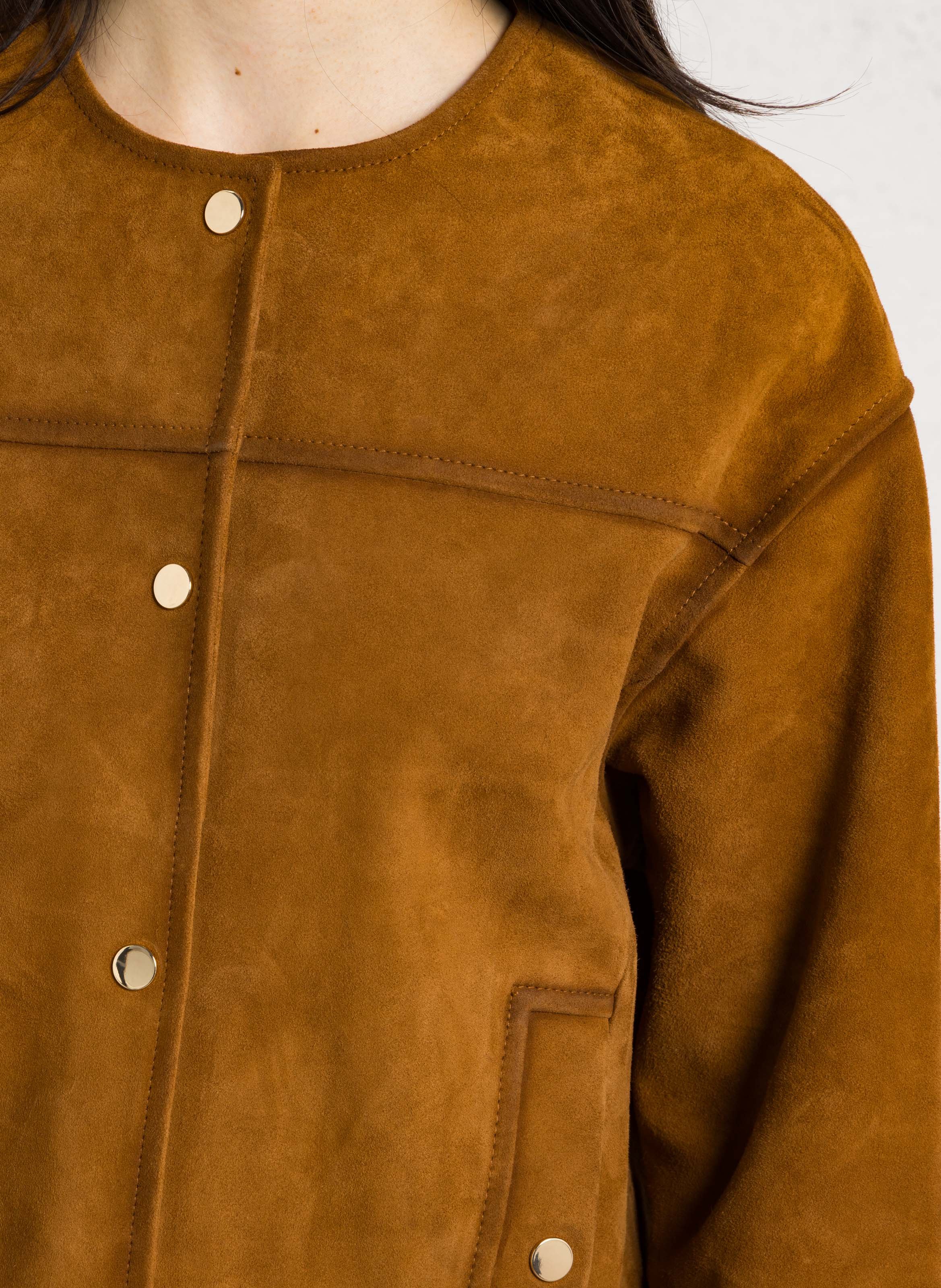 Straight round-neck suede leather jacket MAISON 123 Beige