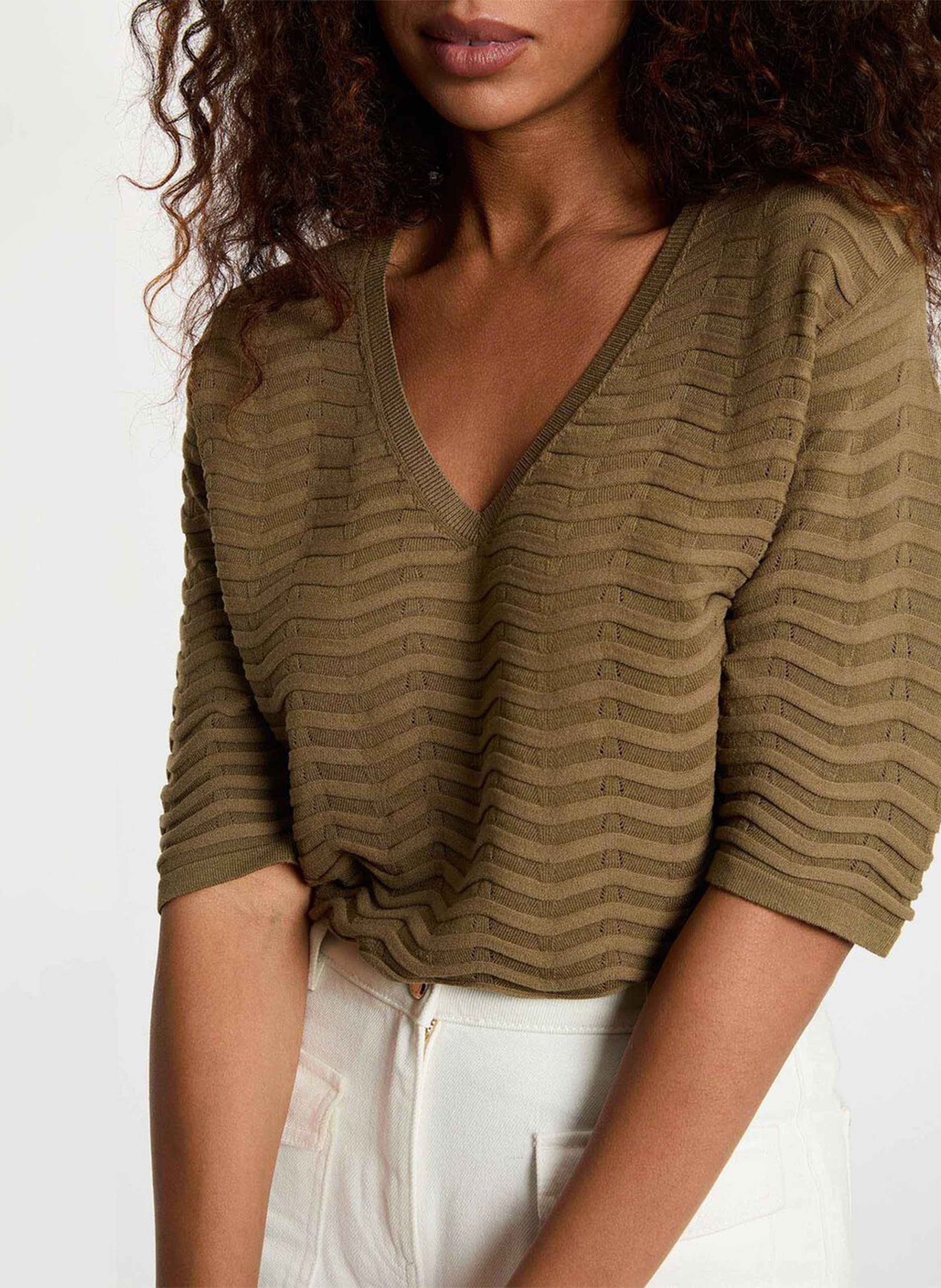 Straight-cut V-neck knit sweater MORGAN Green