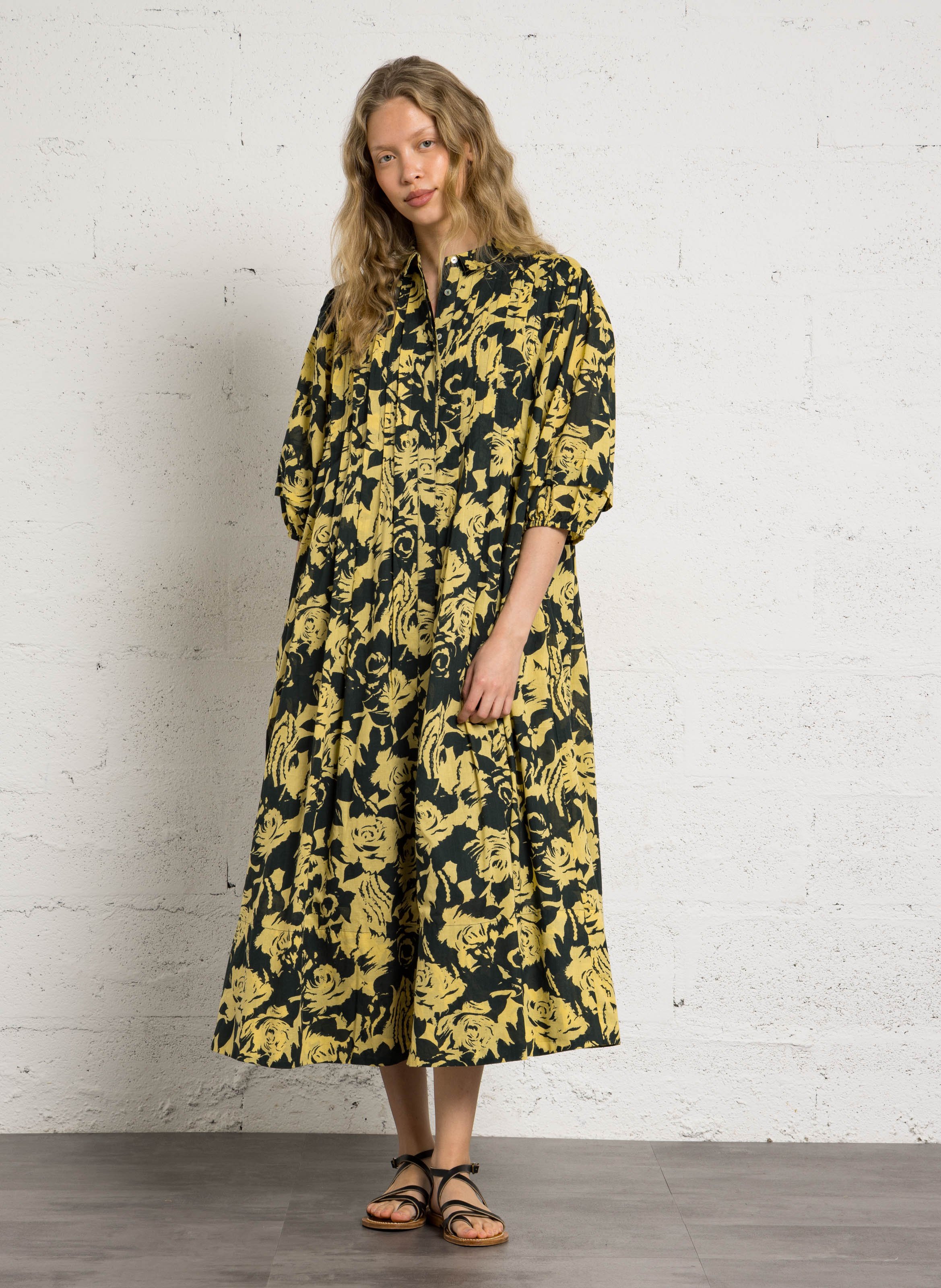 Robe longue ample col classique en coton bio LEON & HARPER Jaune