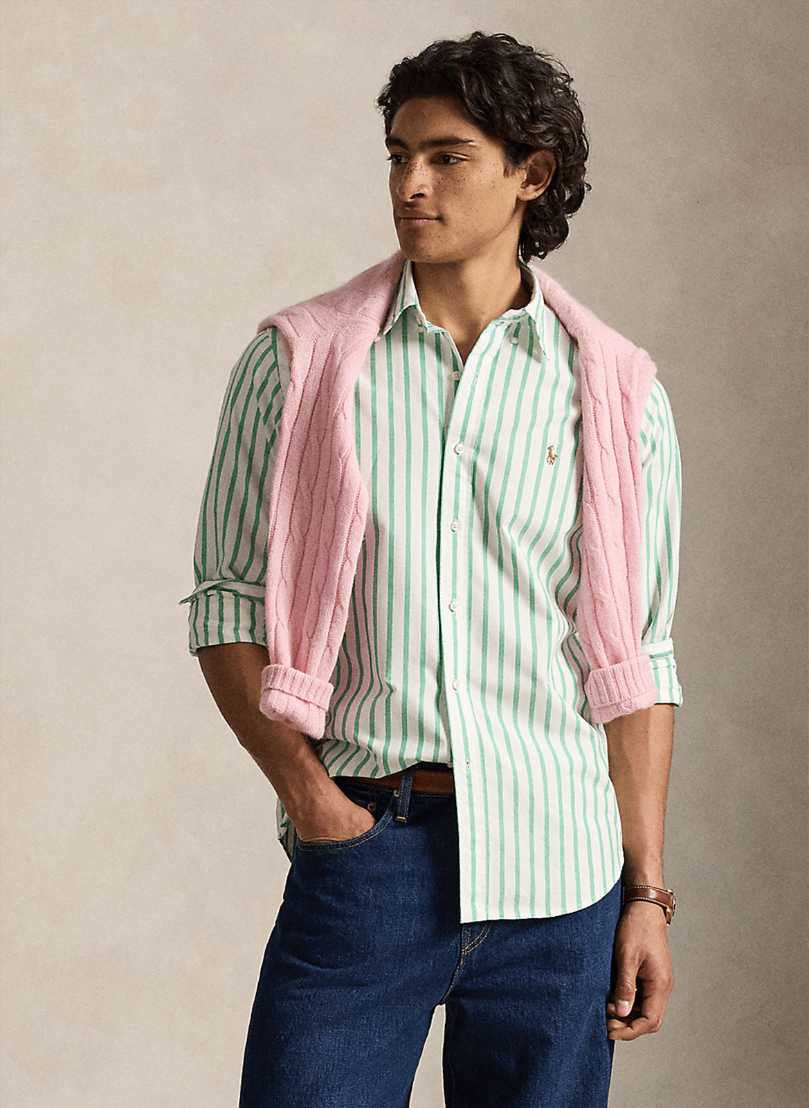 Chemise droite col classique en coton rayé POLO RALPH LAUREN Vert