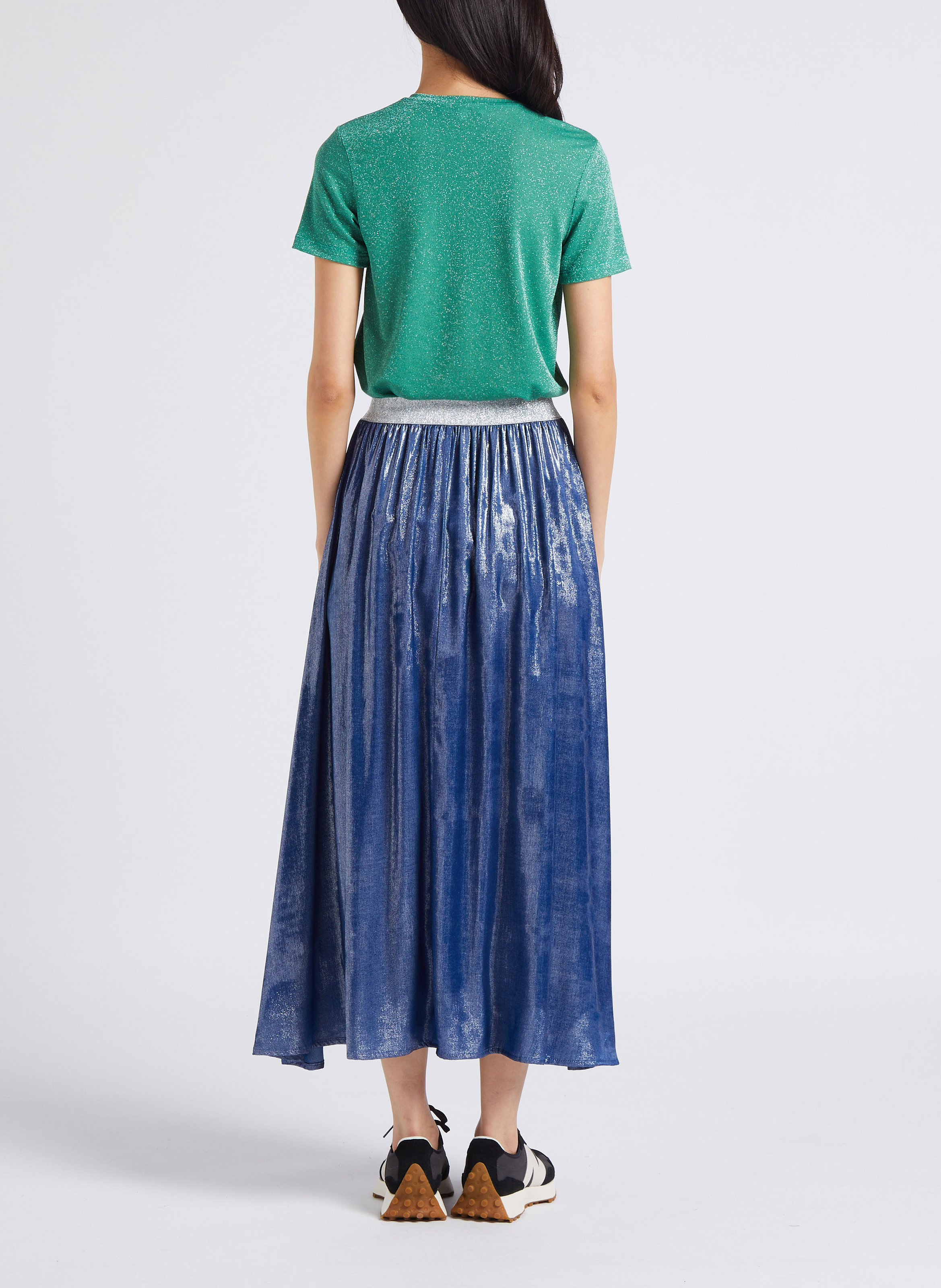 Jupe midi taille haute effet jean satiné PLEASE Bleu