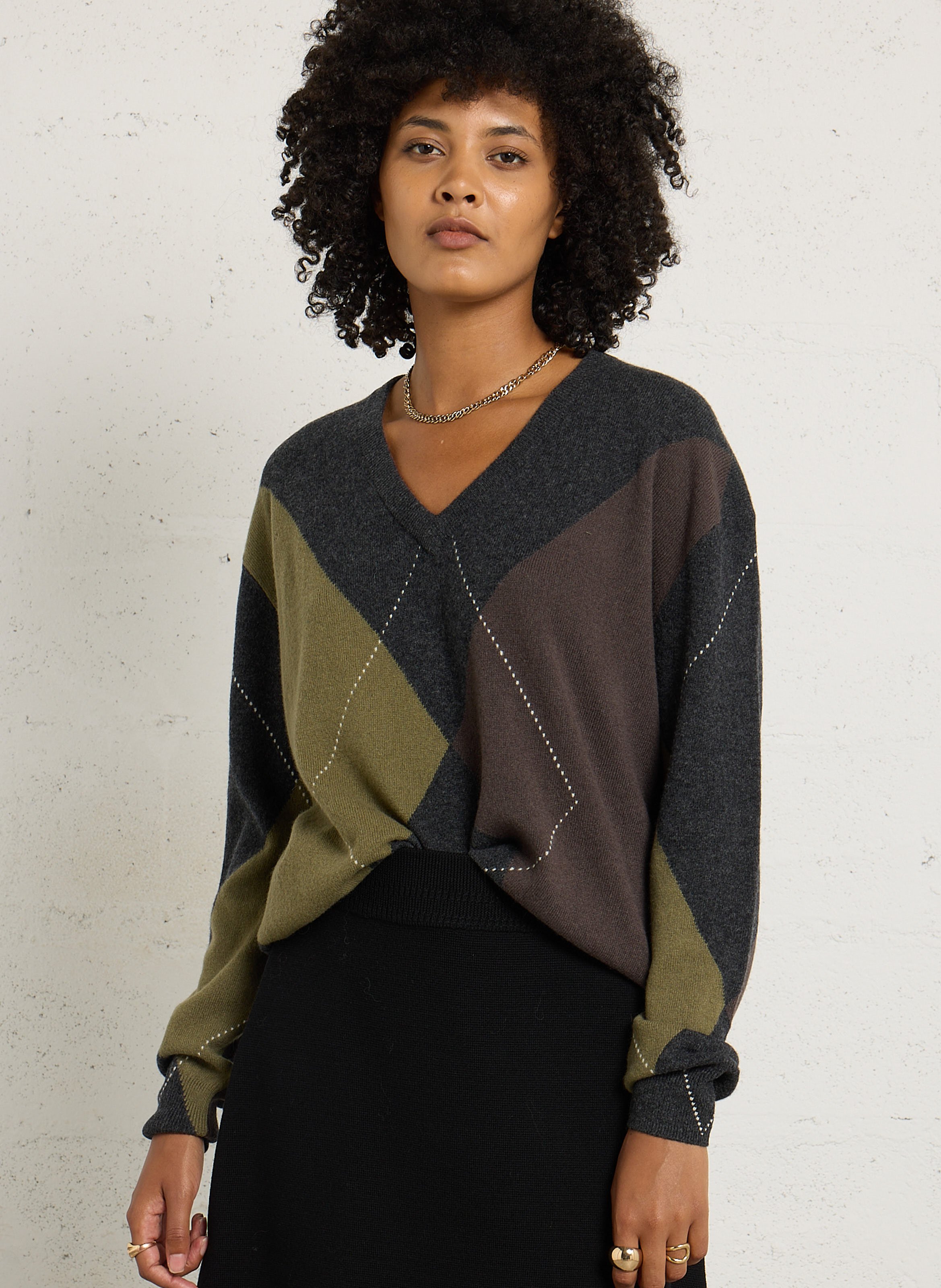 Pull droit col V en laine imprimée JC SOPHIE Multicolore